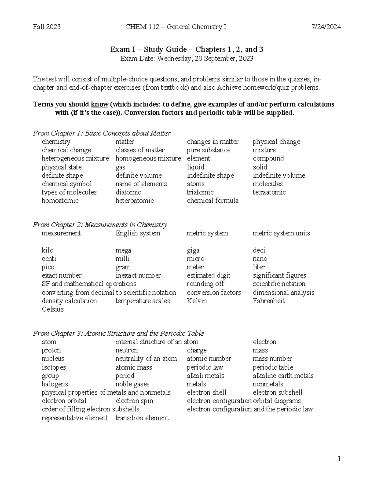Chem112 exam1 study guide ch123 - Fall 2023 CHEM 112 – General ...