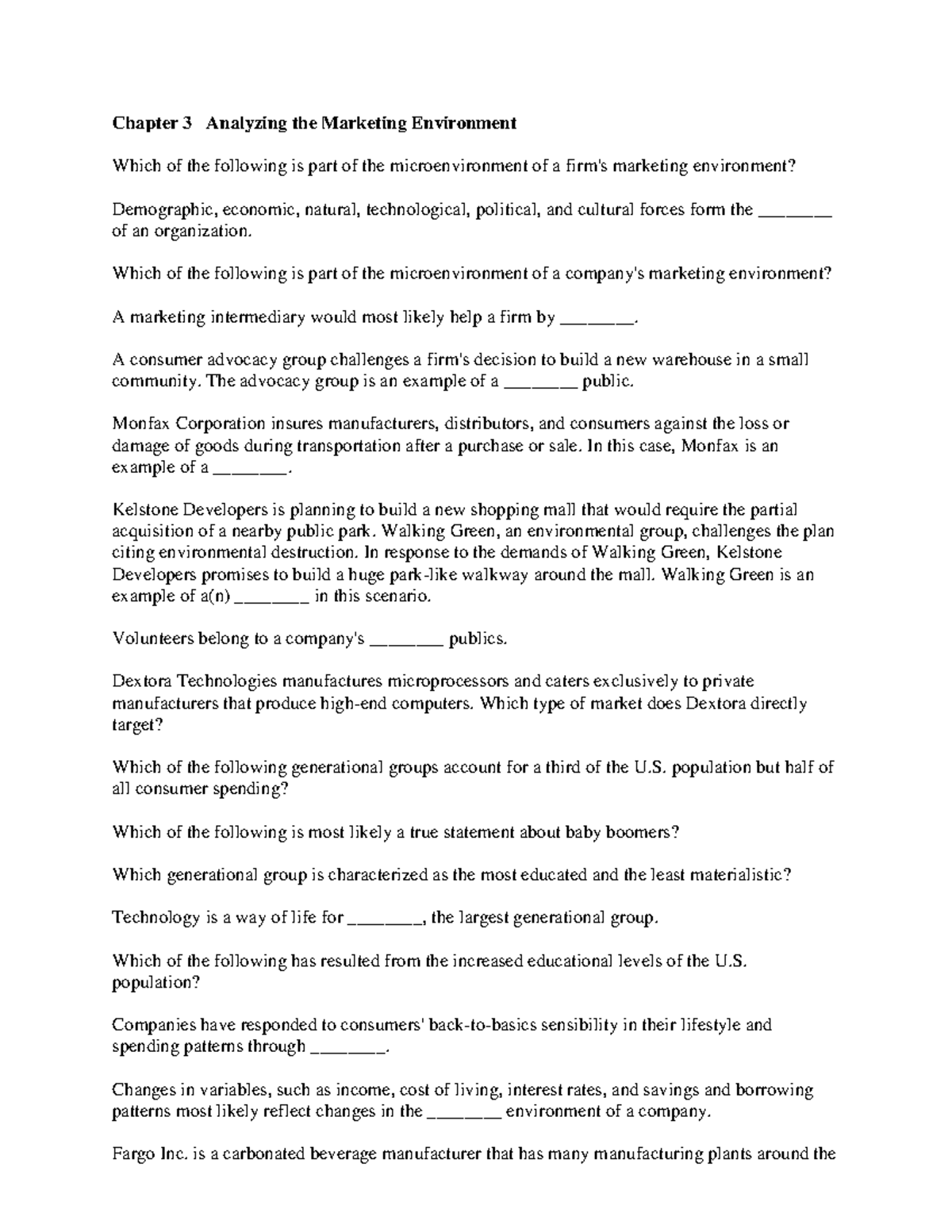 Ch3 Practice Questions Marketing Chapter 3 Analyzing the Marketing
