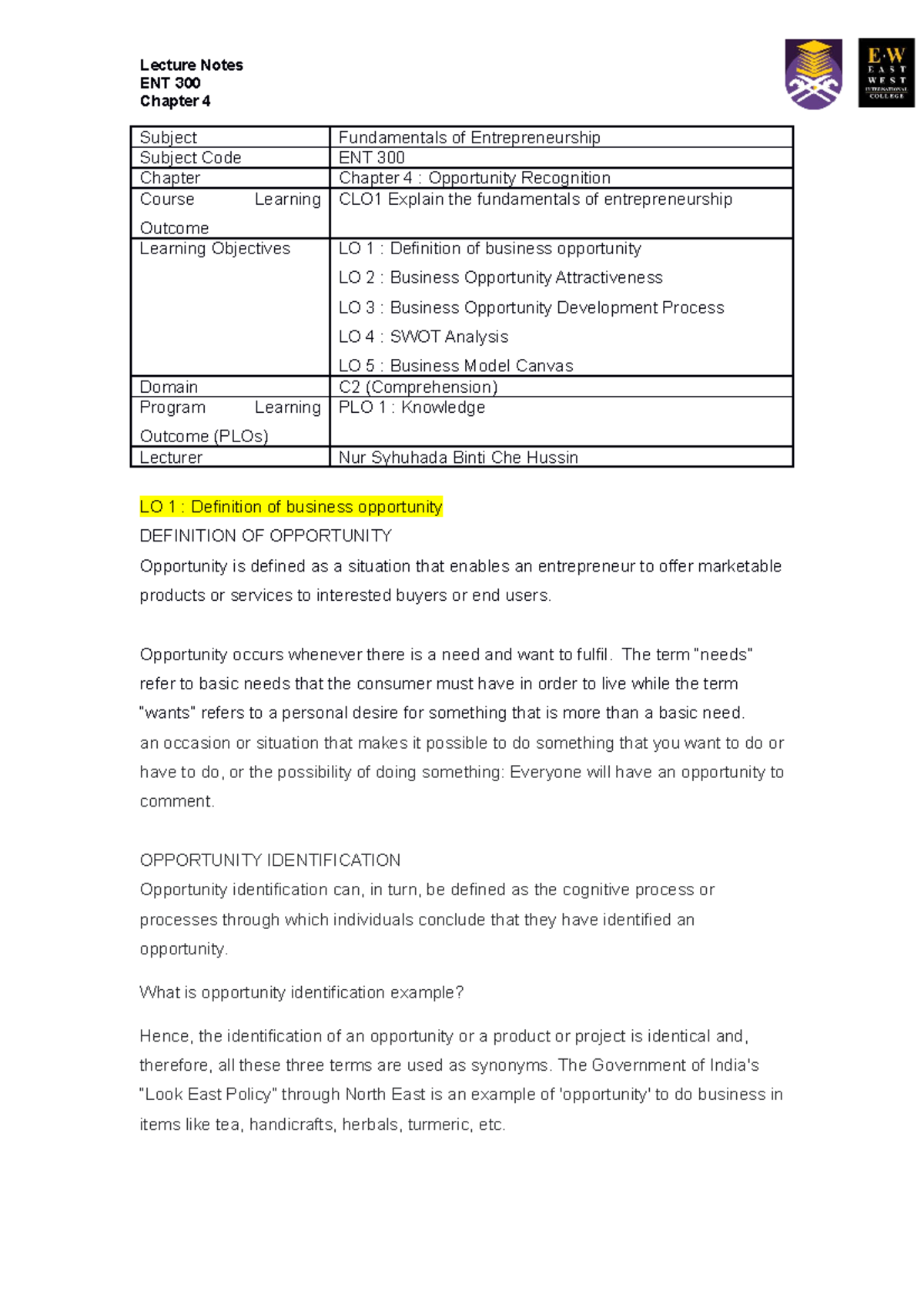 Lecture Notes ENT 300 Chapter 4 - ENT 300 Chapter 4 Subject ...