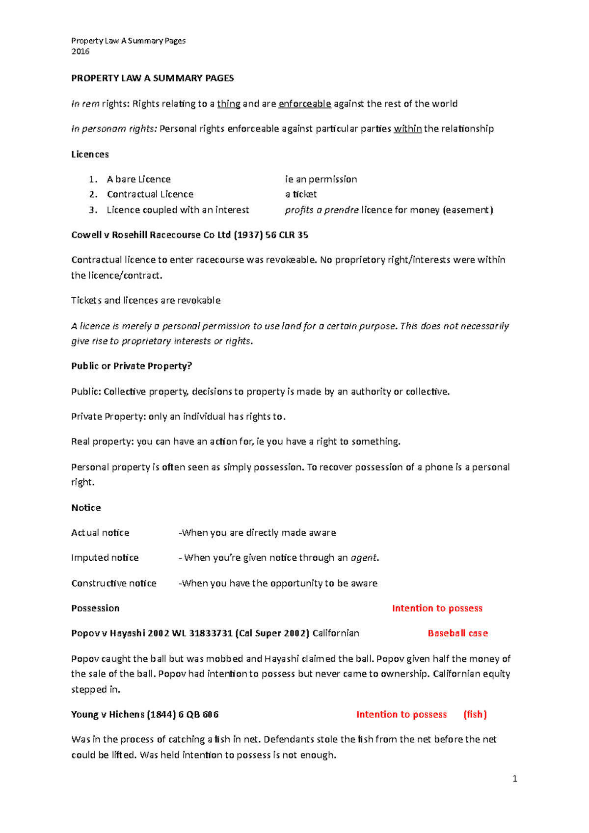 Property LAW A Summary Pages PROPERTY LAW A SUMMARY PAGES In rem