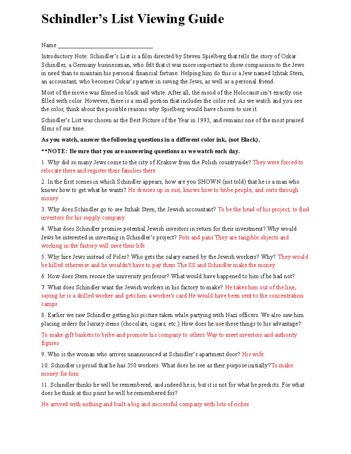 Schindlers List Viewing Guide Name