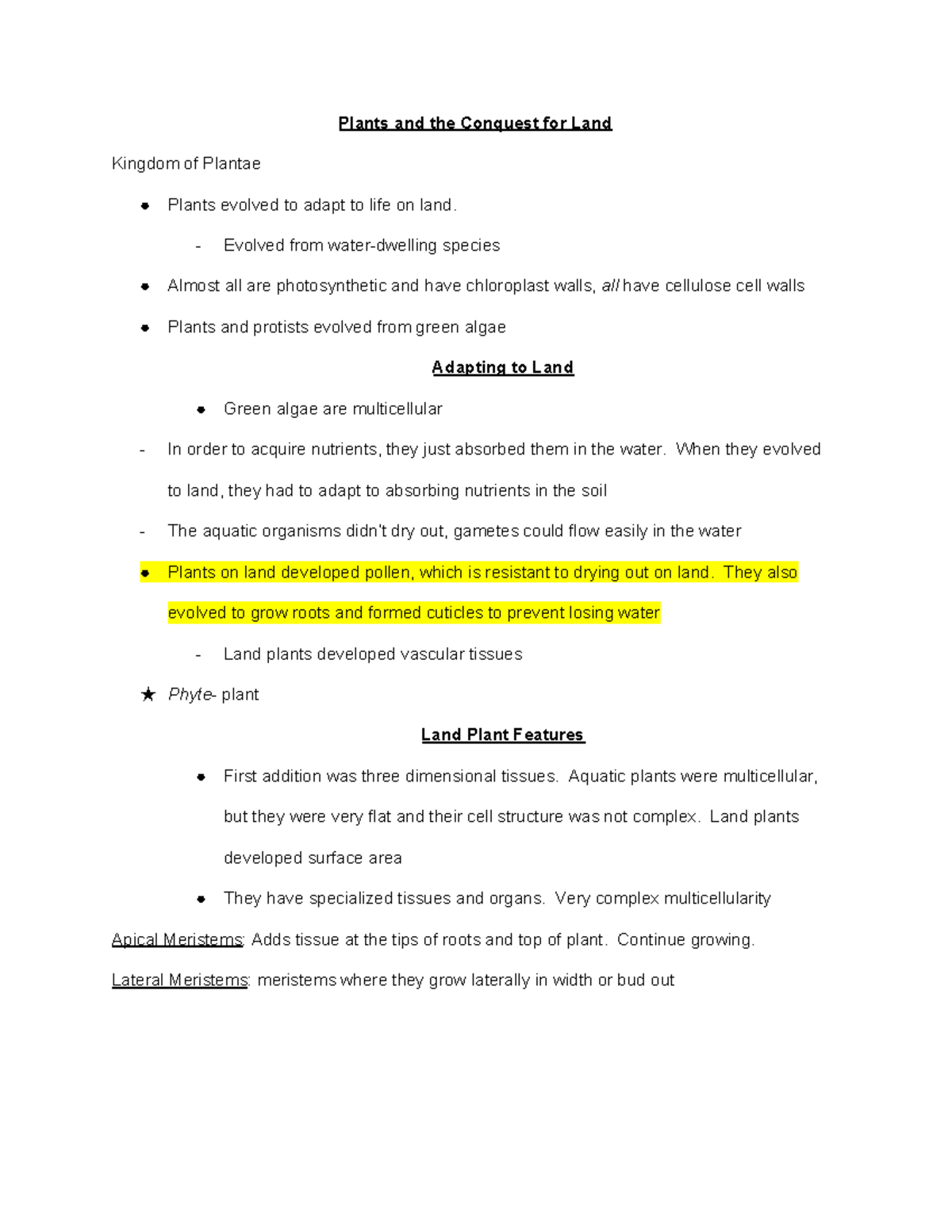 Bio 1300 Chapter 31 Plants and the Conquest for Land Kingdom of