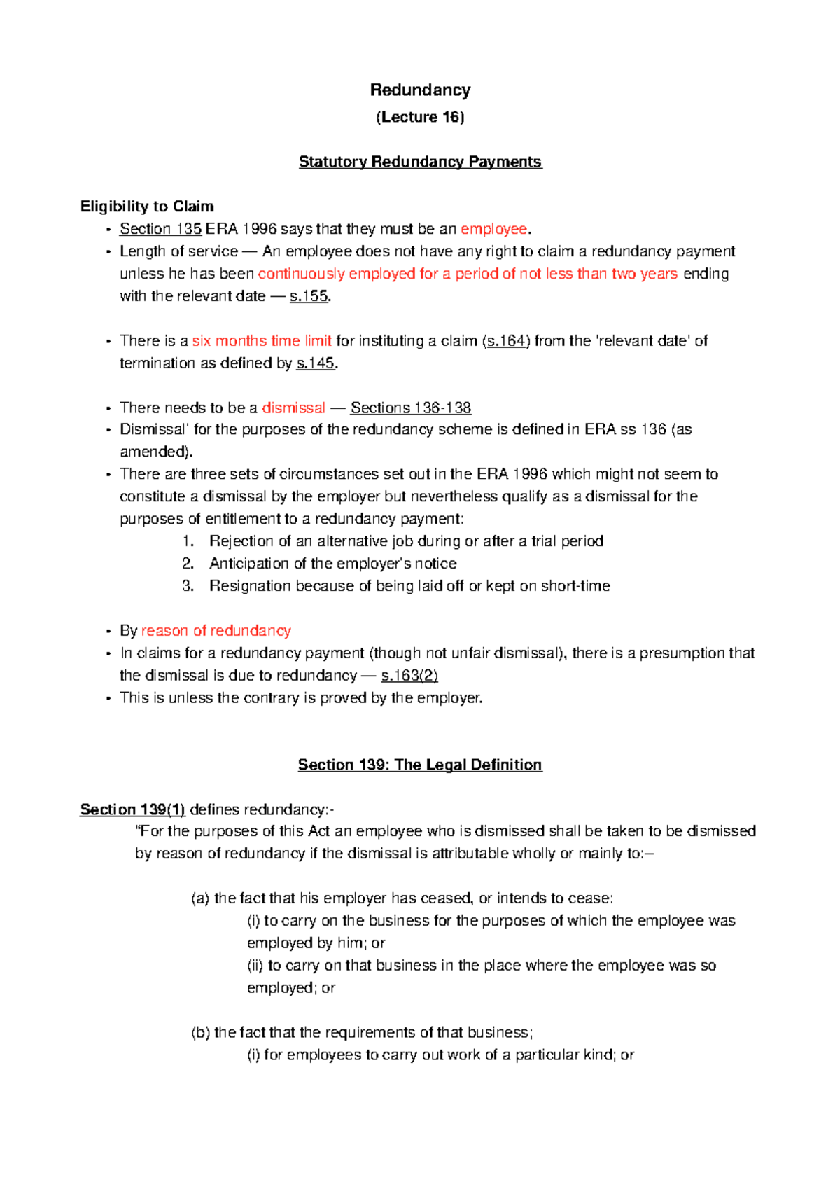 (L16) Redundancy - Lecture notes 16 - Redundancy (Lecture 16) Statutory ...