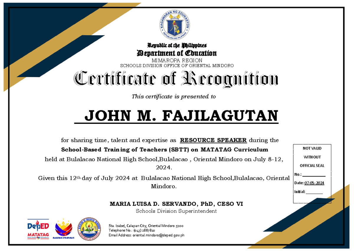 Certi OF Recognition FACI PMT SBTT Matatag - for sharing time, talent ...