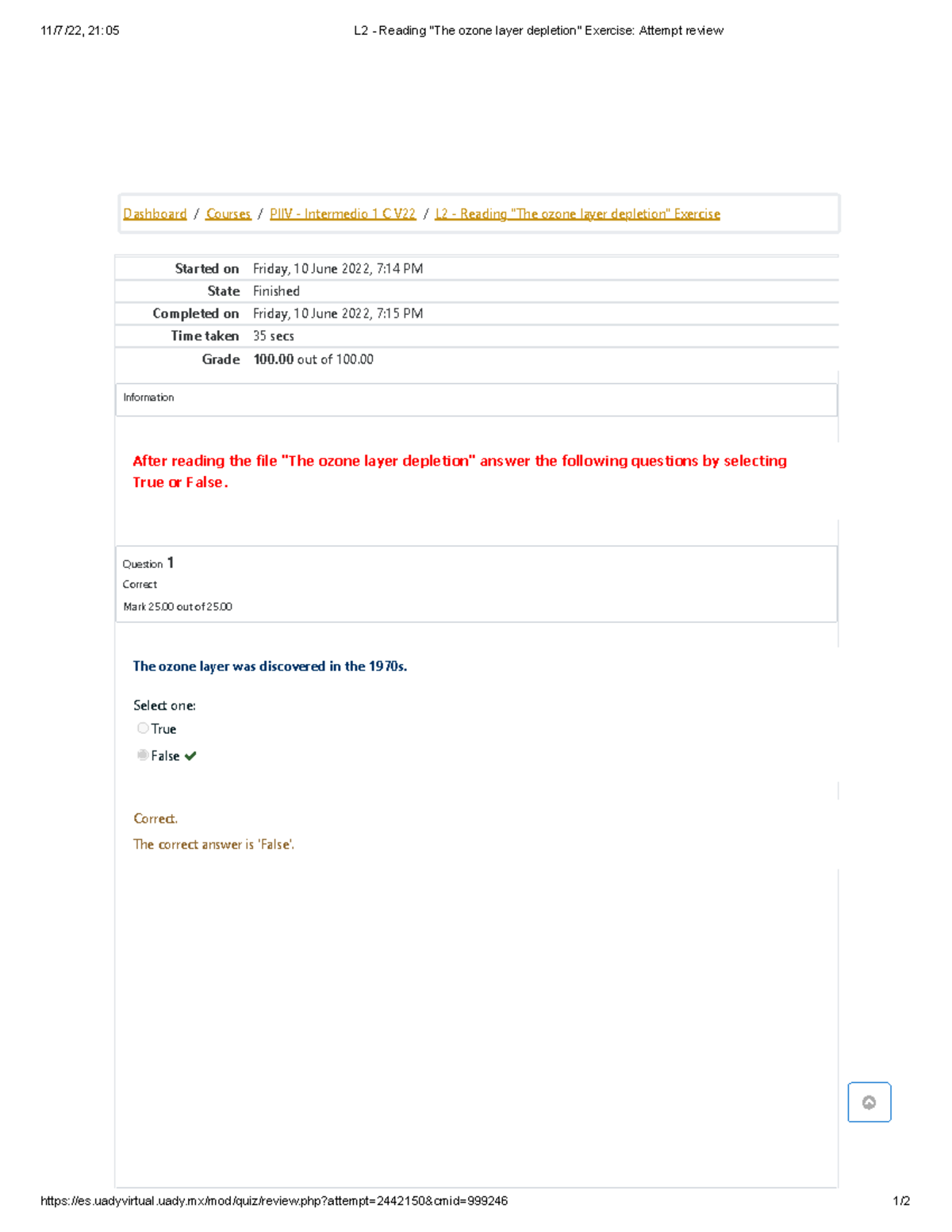 L2 - Reading The ozone layer depletion Exercise Attempt review - 11/7 ...