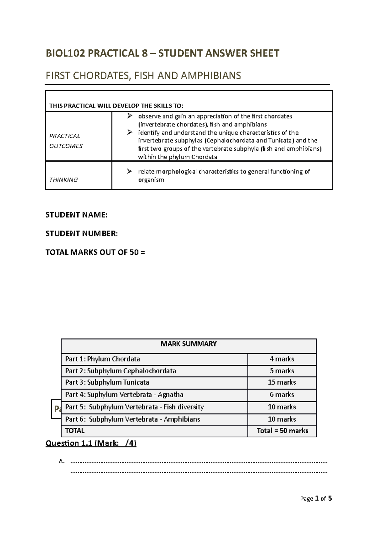 BIOL102 Practical 8 First Chordates Fish And Amphibians Student Answer ...