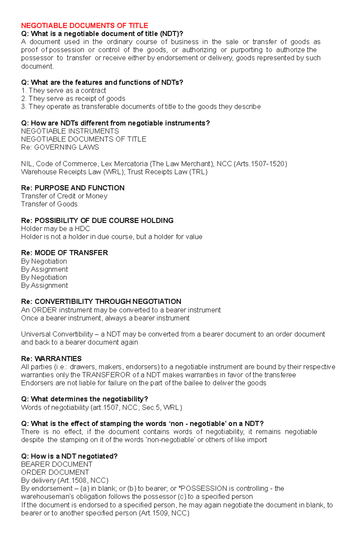 Negotiable Documents OF Title NEGOTIABLE DOCUMENTS OF TITLE Q What