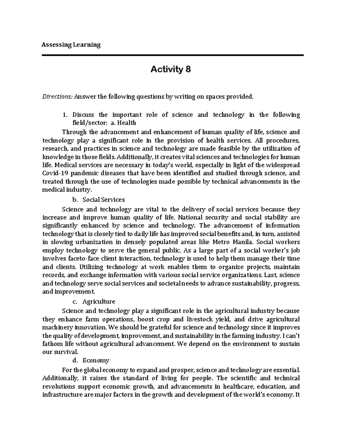 Assessing Learning STS Activity 8 - Assessing Learning Activity 8 ...