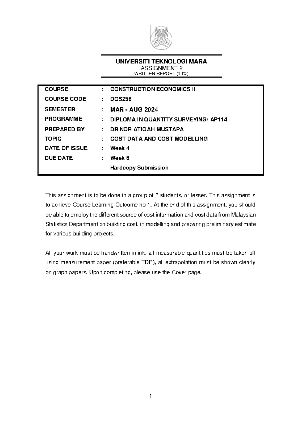 Assignment 2 COST DATA COST Modelling MAC 2024 - UNIVERSITI TEKNOLOGI ...