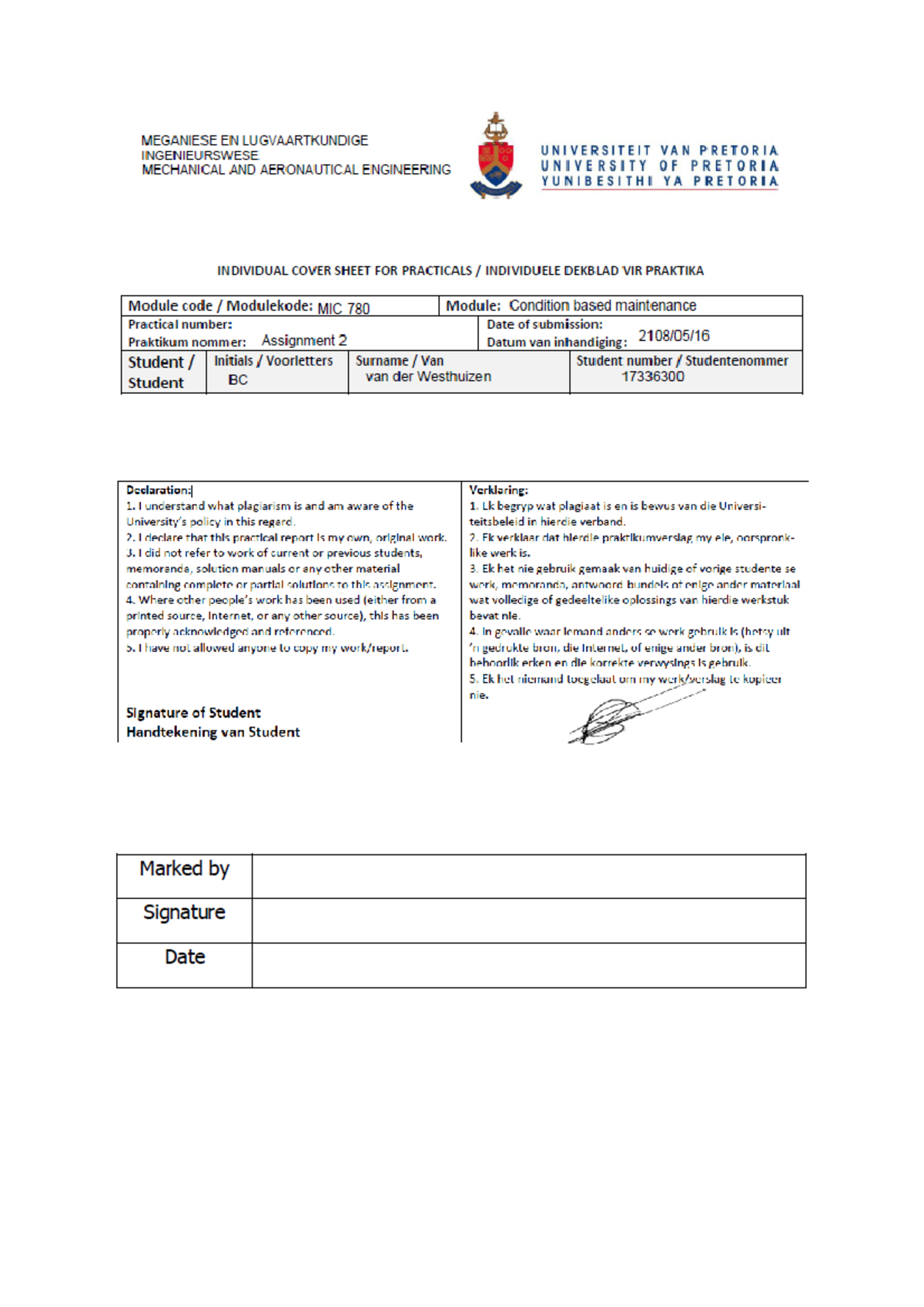 MIC 780 Assignment 2 B.C van der Westhuizen 17336300 - MIC 780 ...