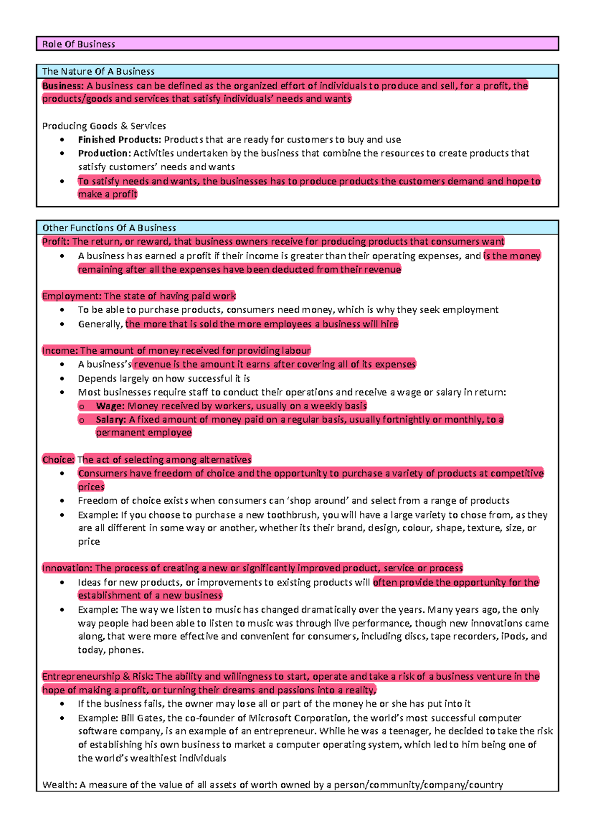 Year 11 Business Studies Notes 🤬 - Role Of Business The Nature Of A ...
