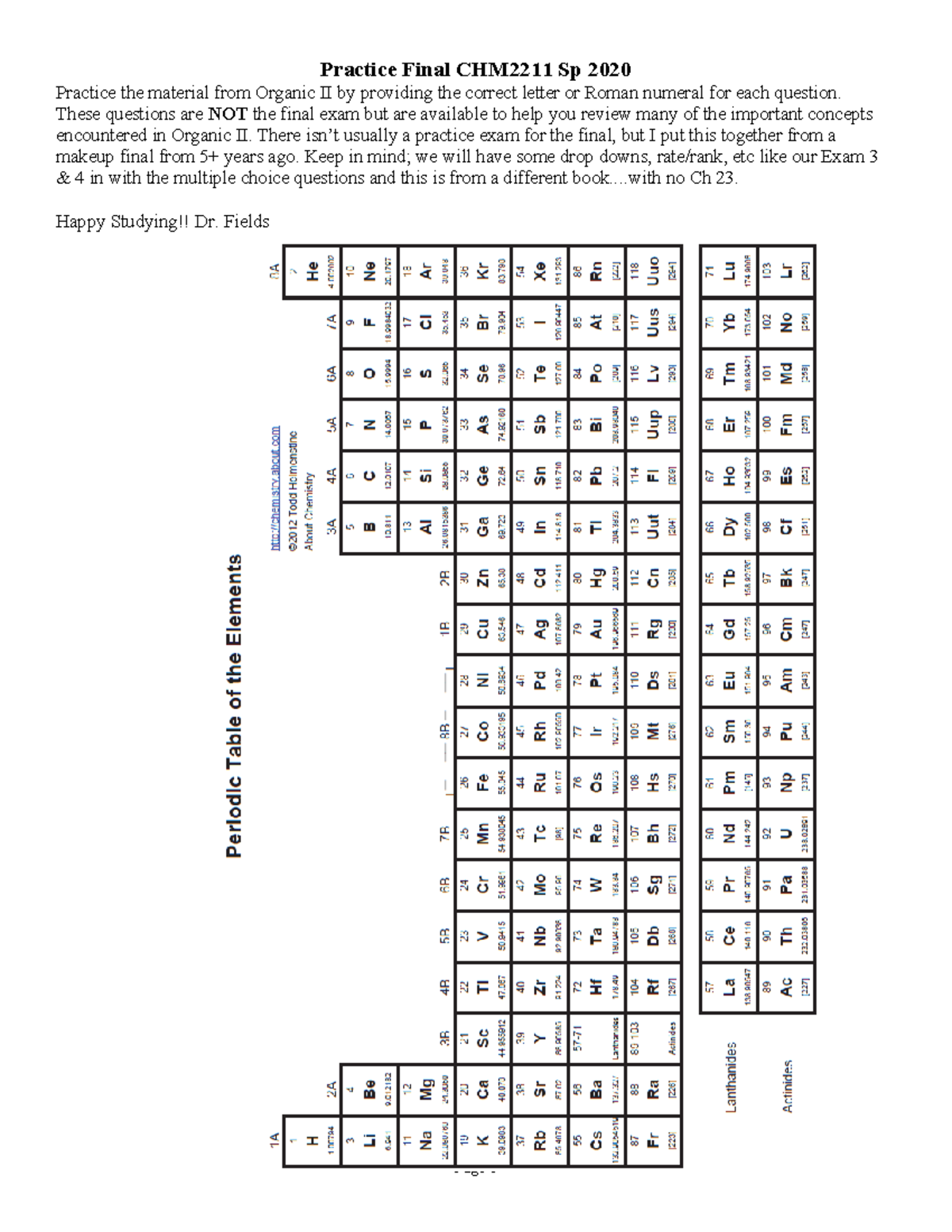 Practice Final Exam Sp 2021 Blank - Practice Final CHM2211 Sp 2020 ...