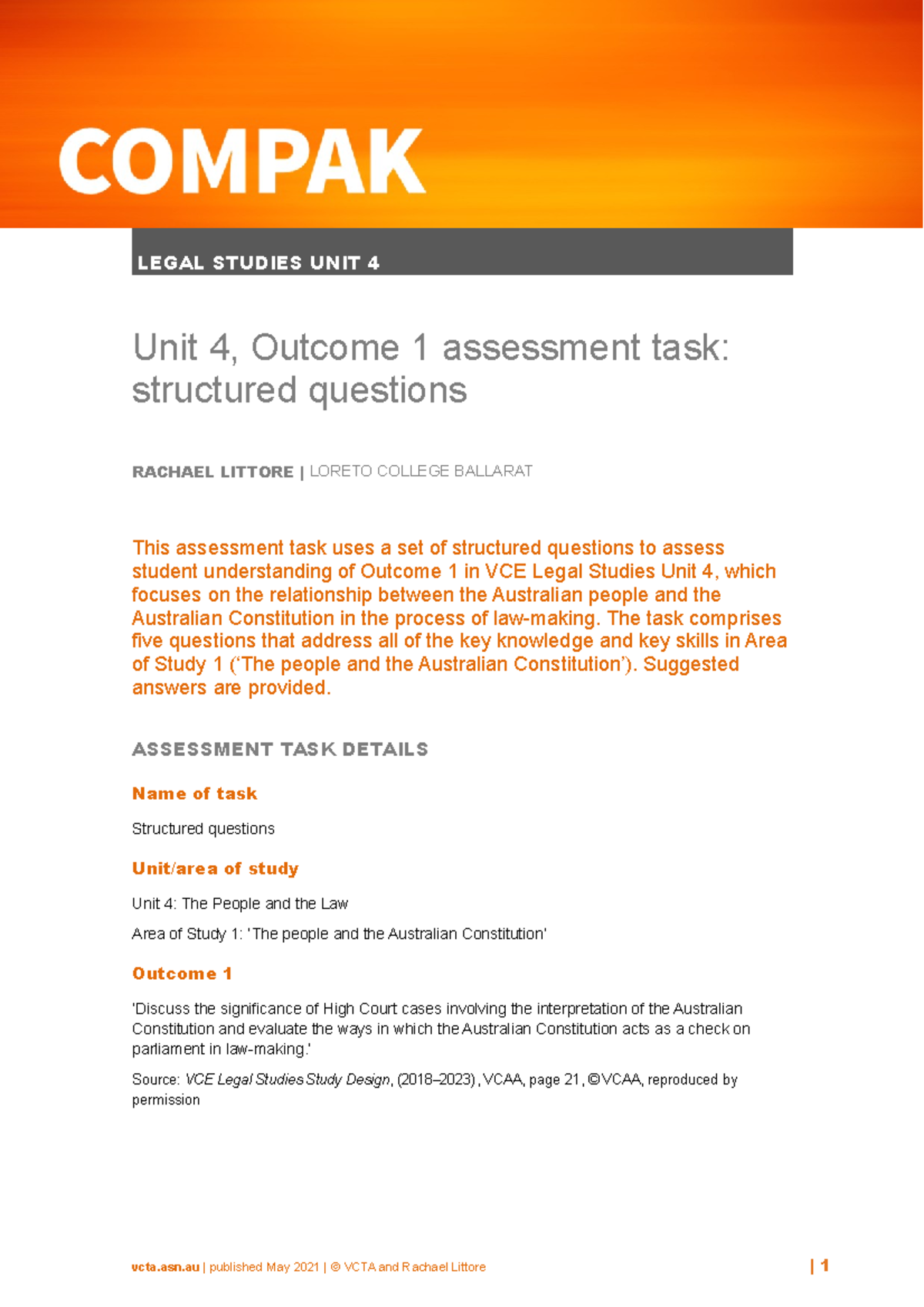 Compak U4 AOS 1 2021 - LEGAL STUDIES UNIT 4 Unit 4, Outcome 1 ...