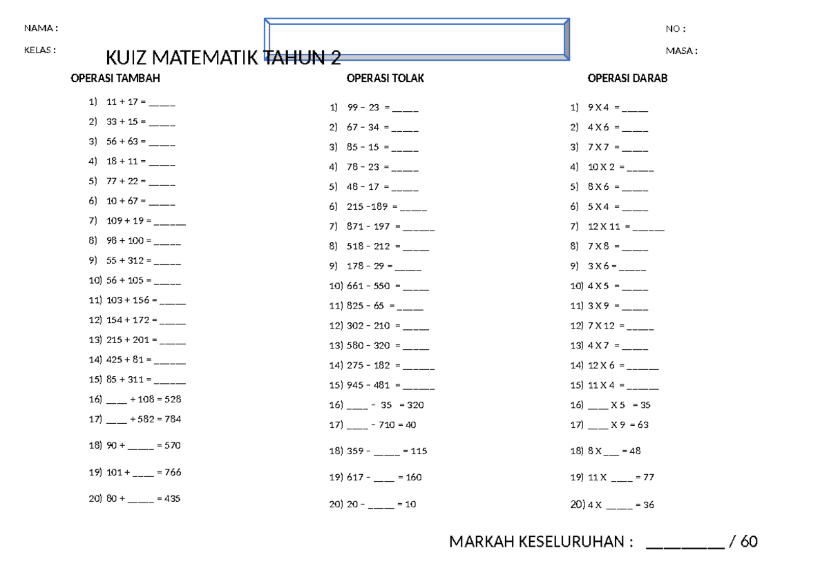 kuiz matematik tahun 2 - NO : MASA : KUIZ MATEMATIK TAHUN 2 NAMA ...