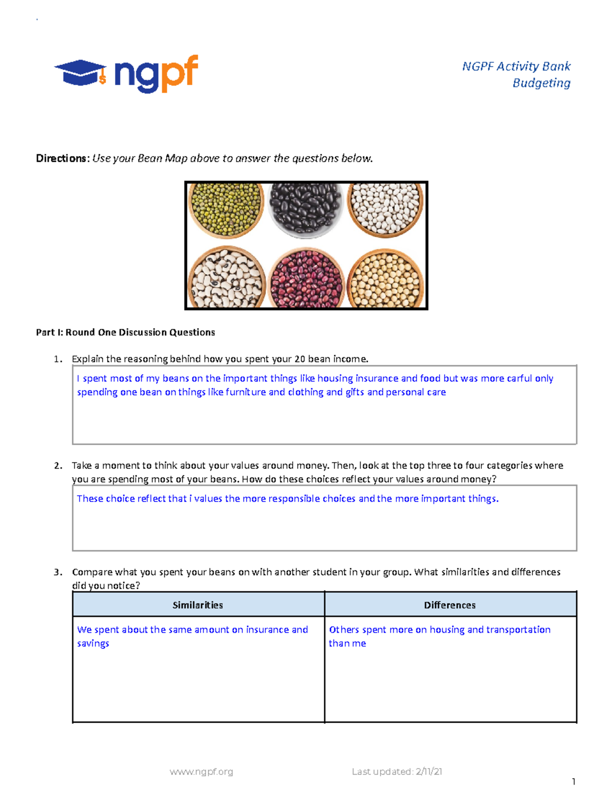 PLAY The Bean Game - ` NGPF Activity Bank Budgeting Directions: Use ...