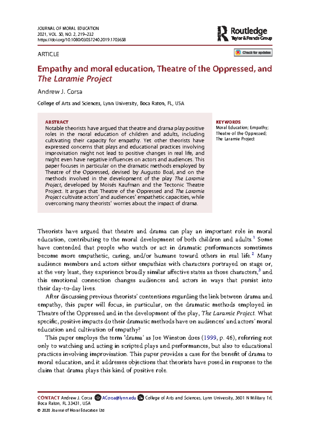Empathy and Moral Education, Theatre of the Oppressed, and The Laramie ...