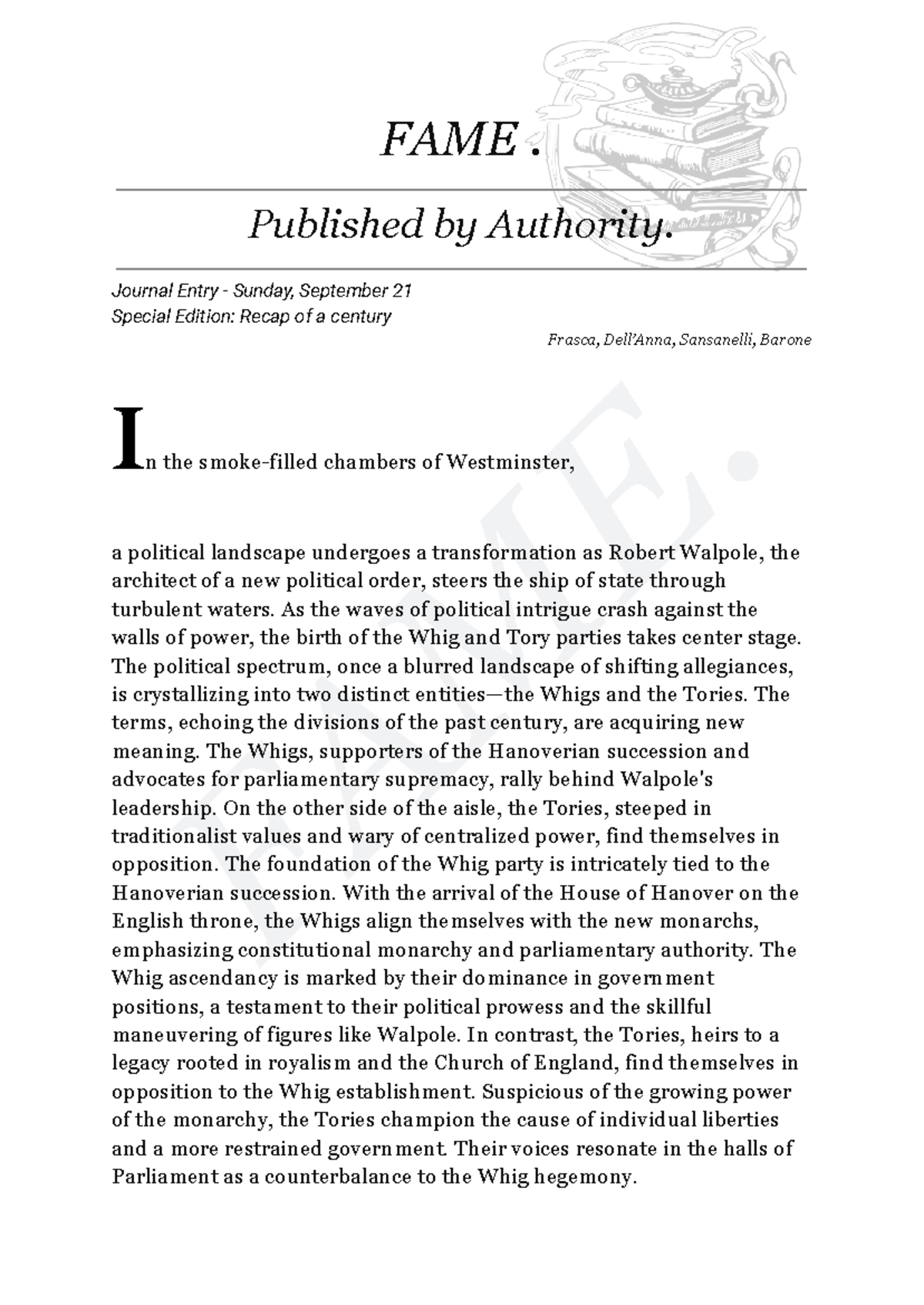 Journal FAME 1800 - FAME. FAME. Published by Authority. Journal Entry ...