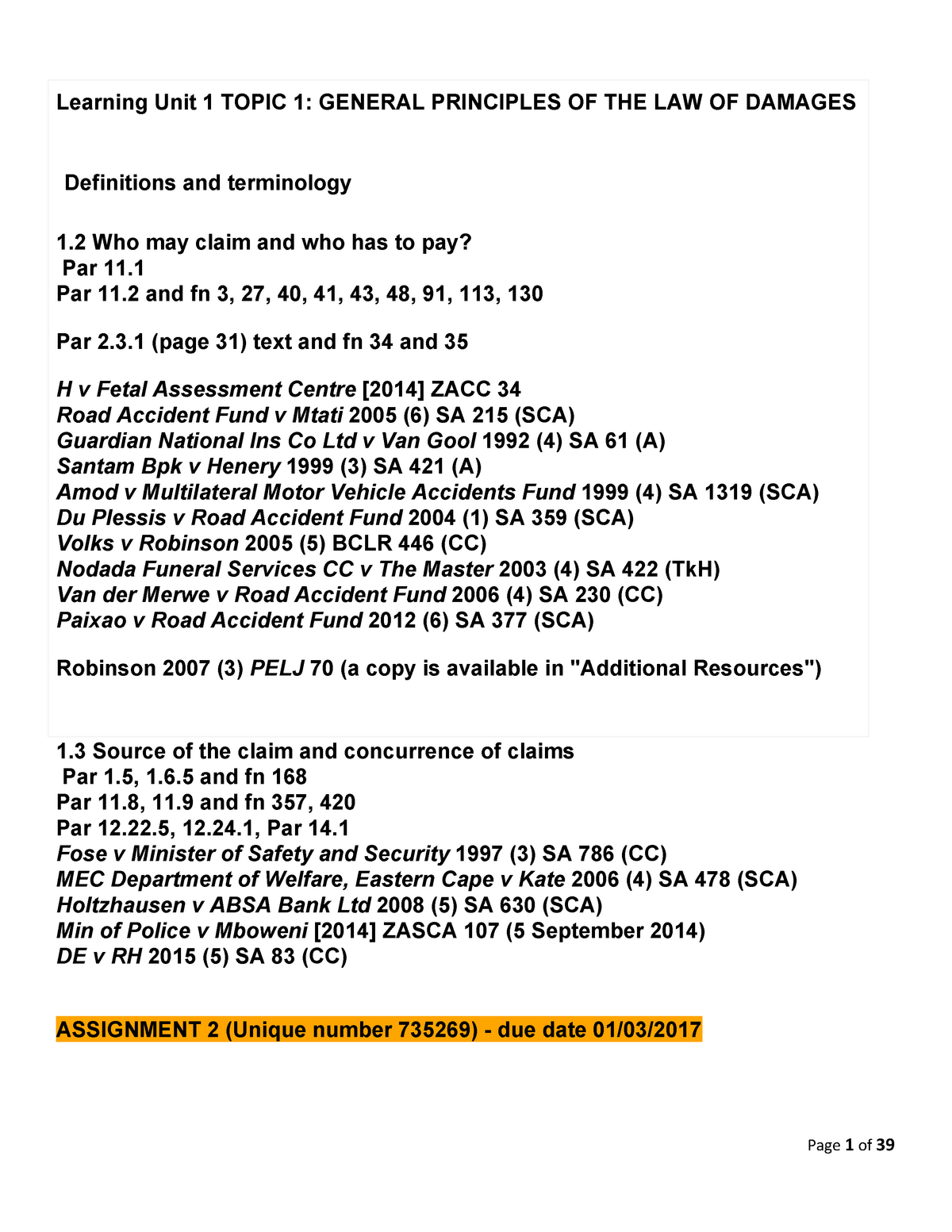 law of damages assignment 2 2021