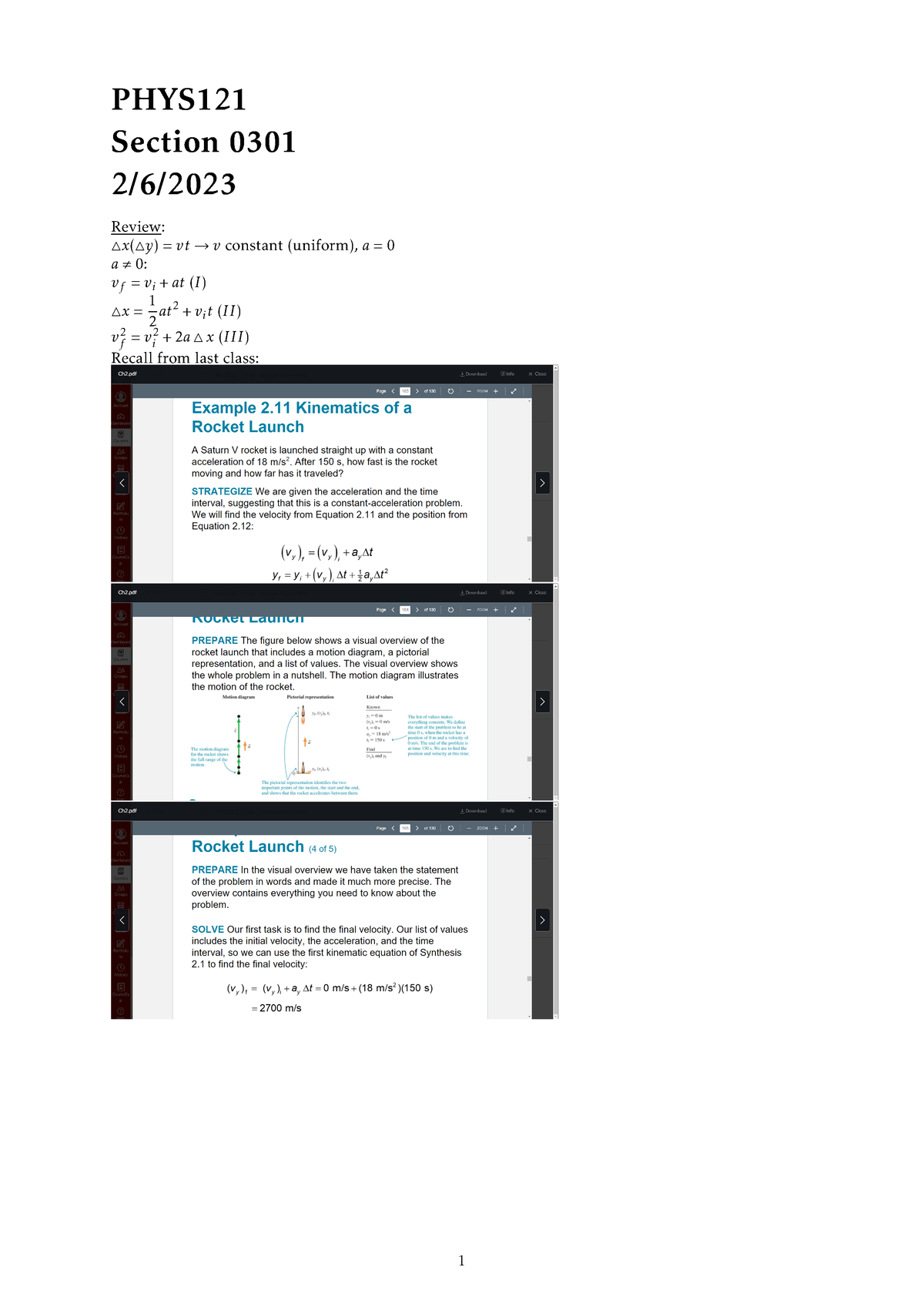 PHYS121 Lecture Notes February 6 - PHYS Section 0301 2/6/ Review: X( Y ...