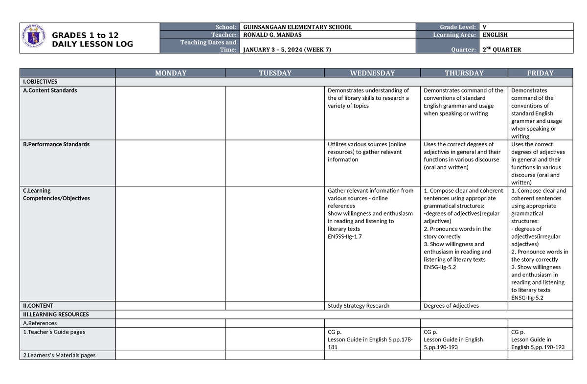 DLL English 5 Q2 W7 - An example of how DLL would look like. - GRADES 1 ...