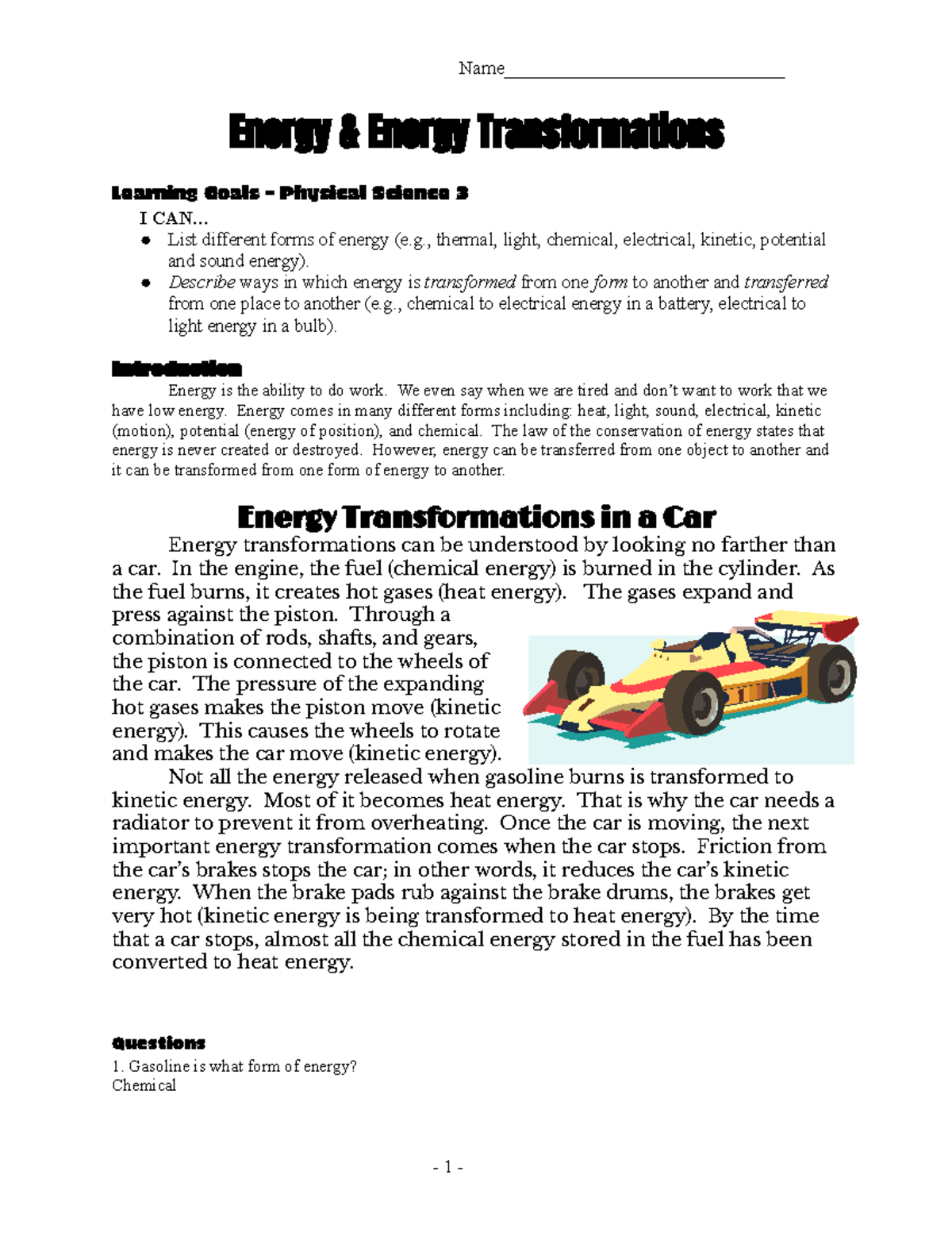 Energy Transformations - Energy & Energy Transformations Learning Goals ...