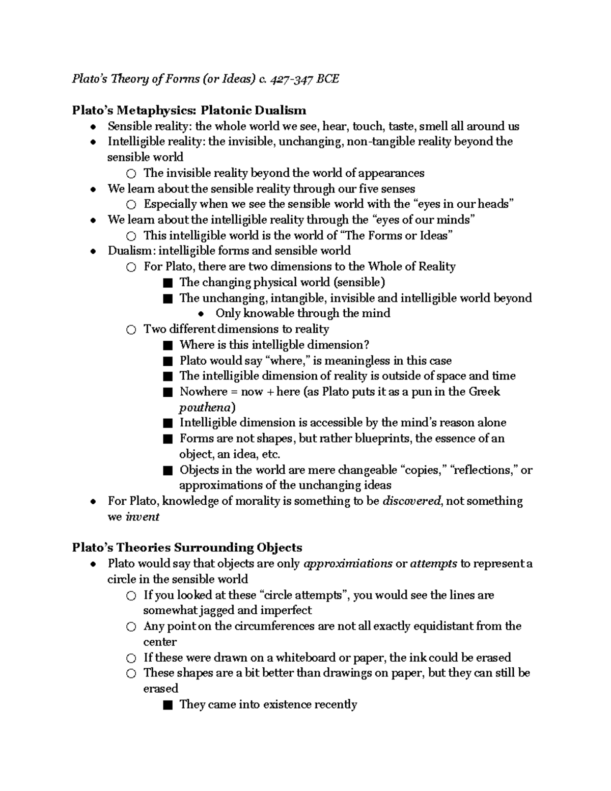 Theology 185 Plato's Theory of Forms Notes Plato’s Theory of Forms