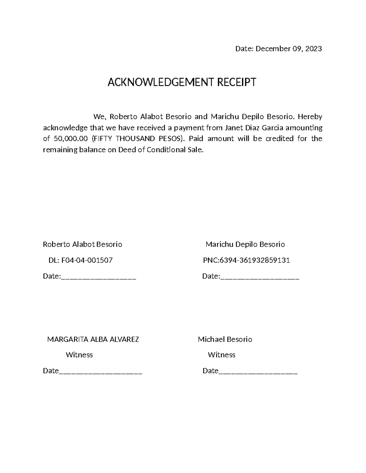 Acknowledgement Receipt - Date: December 09, 2023 ACKNOWLEDGEMENT ...