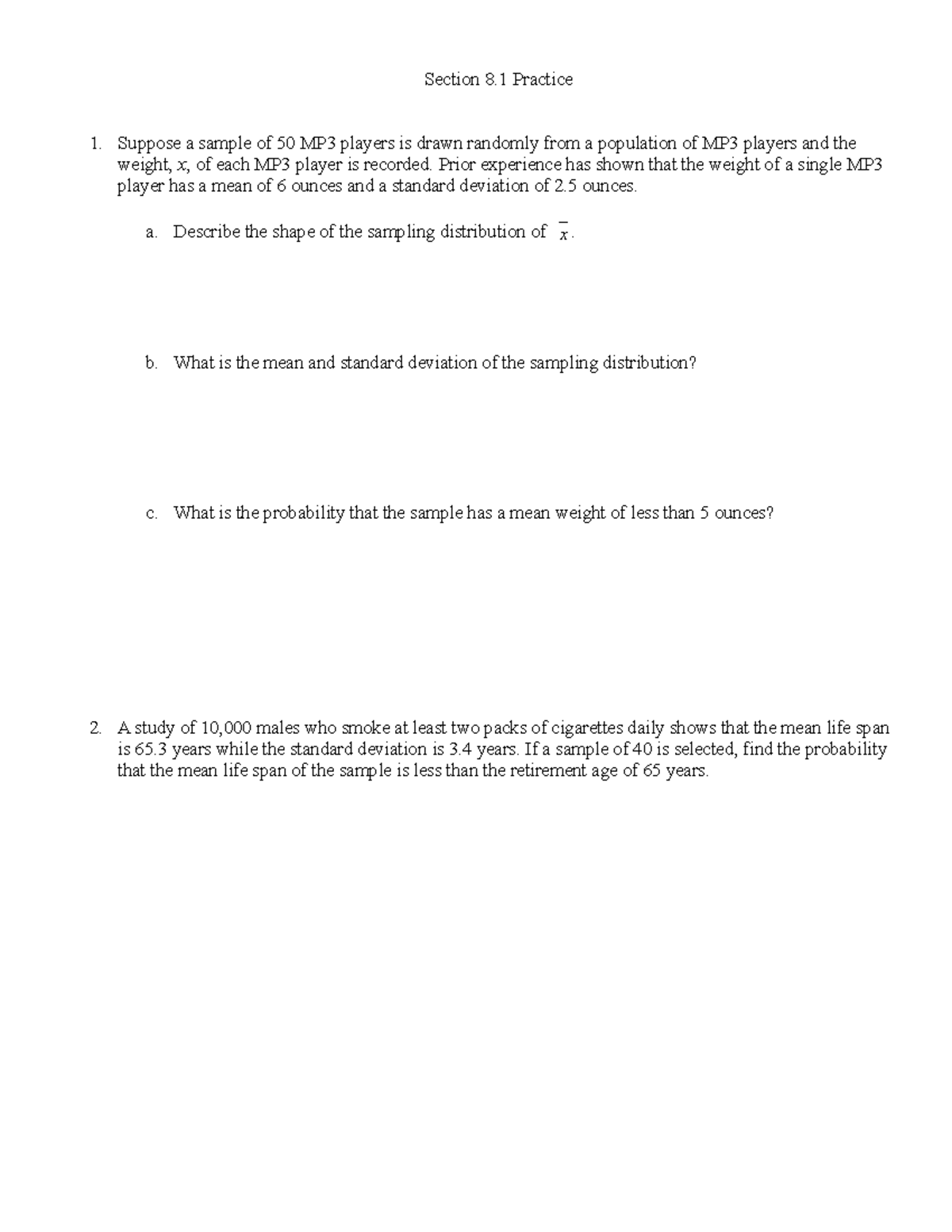 8 1 Practice Section 8 Practice Suppose a sample of 50 MP3 players is