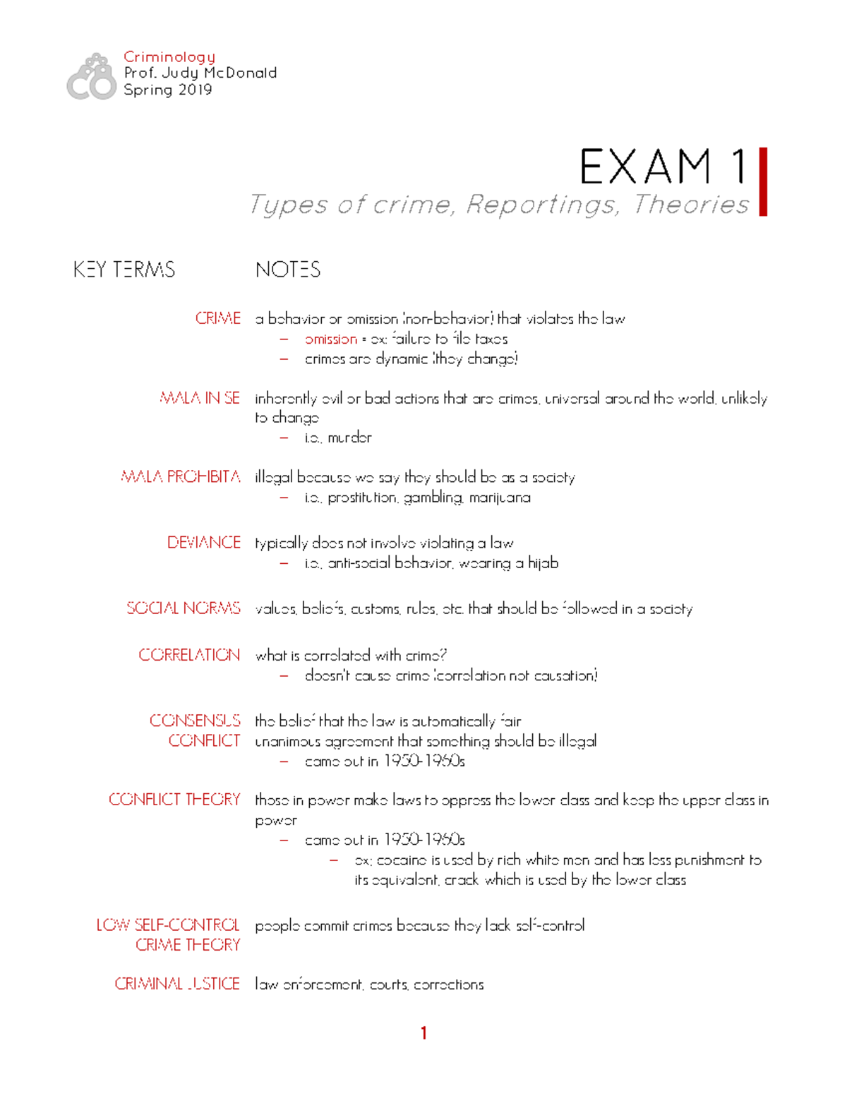 CRIM 210 Exam 1 Study Guide Criminology Prof. Judy McDonald Spring