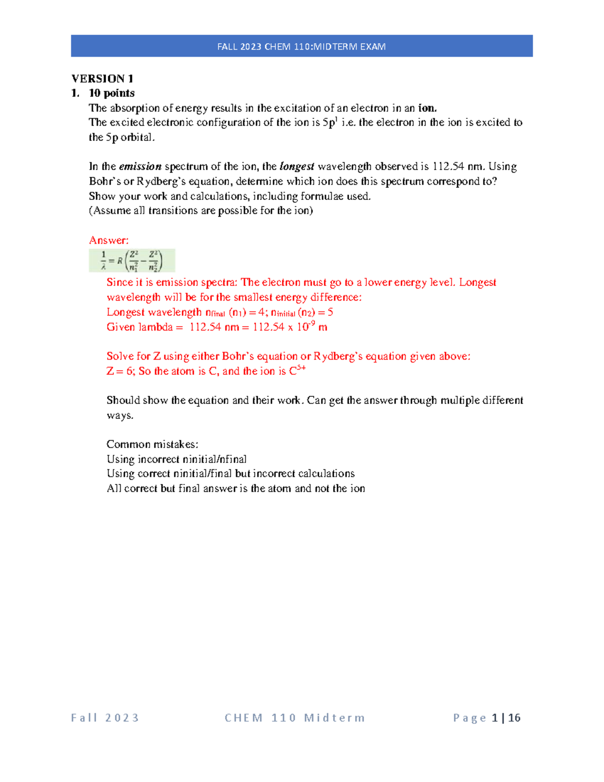 F2023 Chem110 Midterm 1 Answer Key Upload - VERSION 1 1. 10 Points The ...