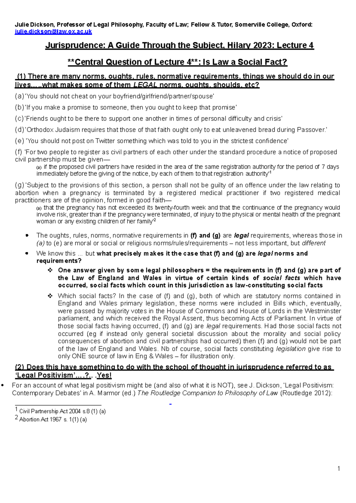 Lecture 4 FHS Jurisprudence Julie Dickson Is Law a Social Fact 2023