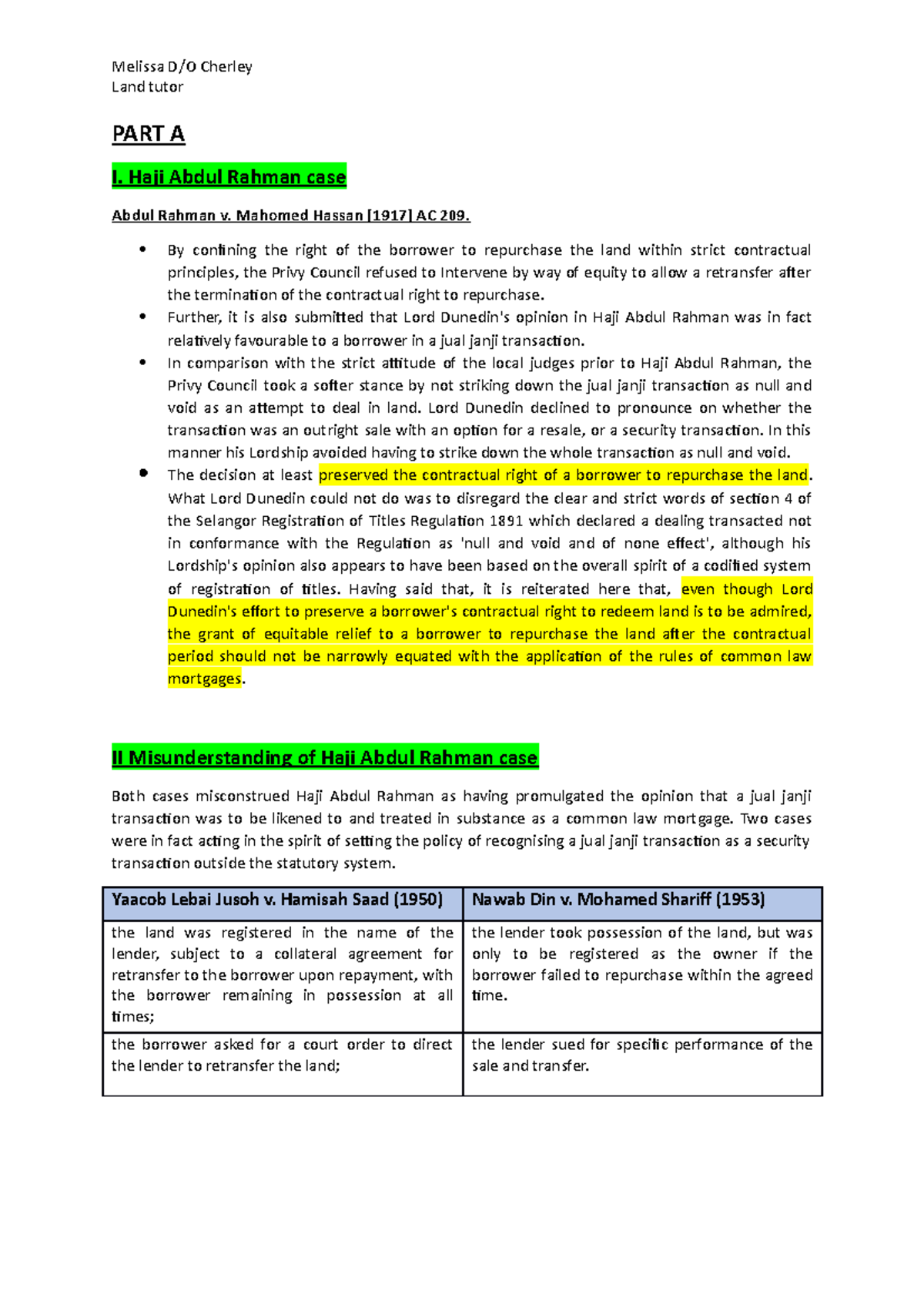 Summary of article- Land tutor - Land tutor PART A I. Haji Abdul Rahman ...