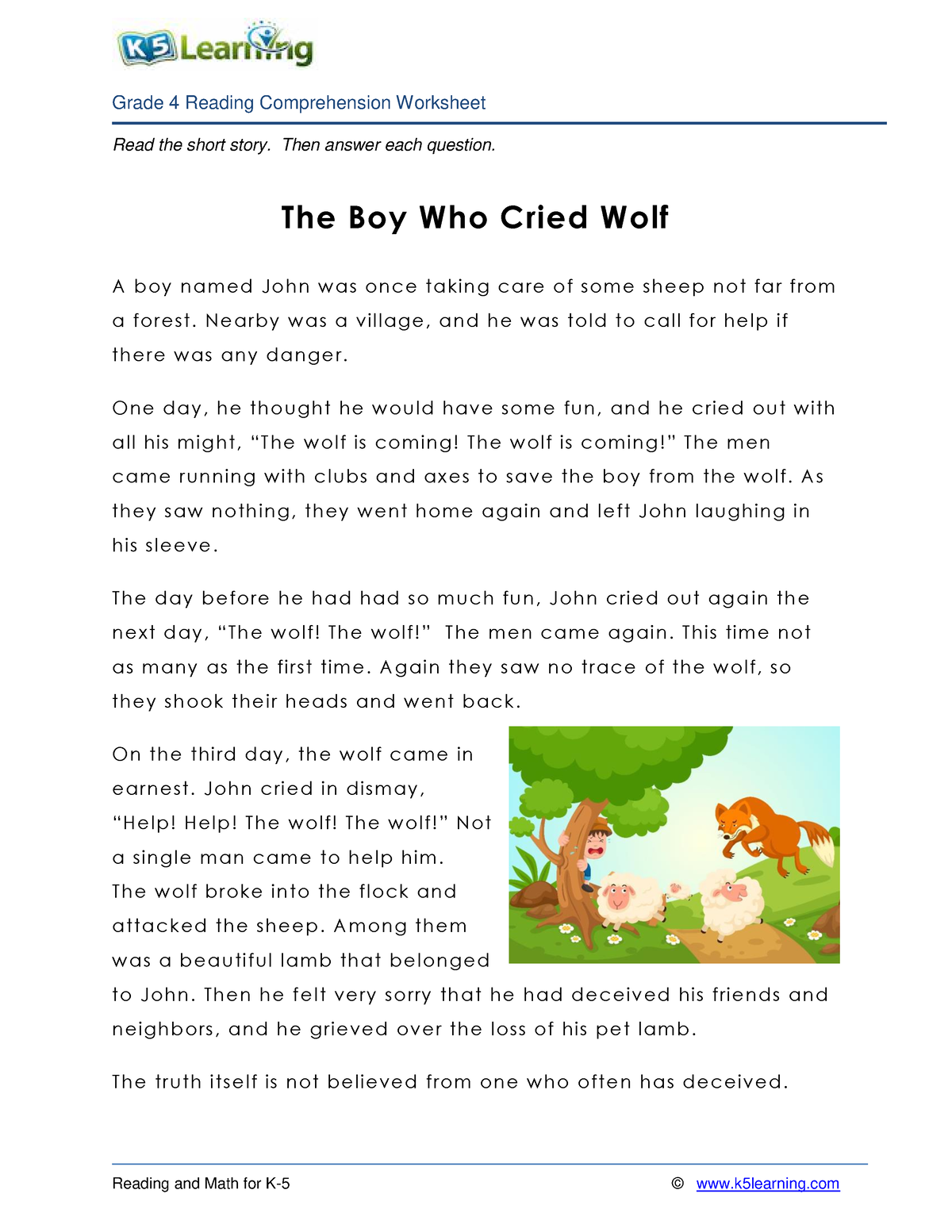 4th grade 4 wolf - asdfg - Grade 4 Reading Comprehension Worksheet ...