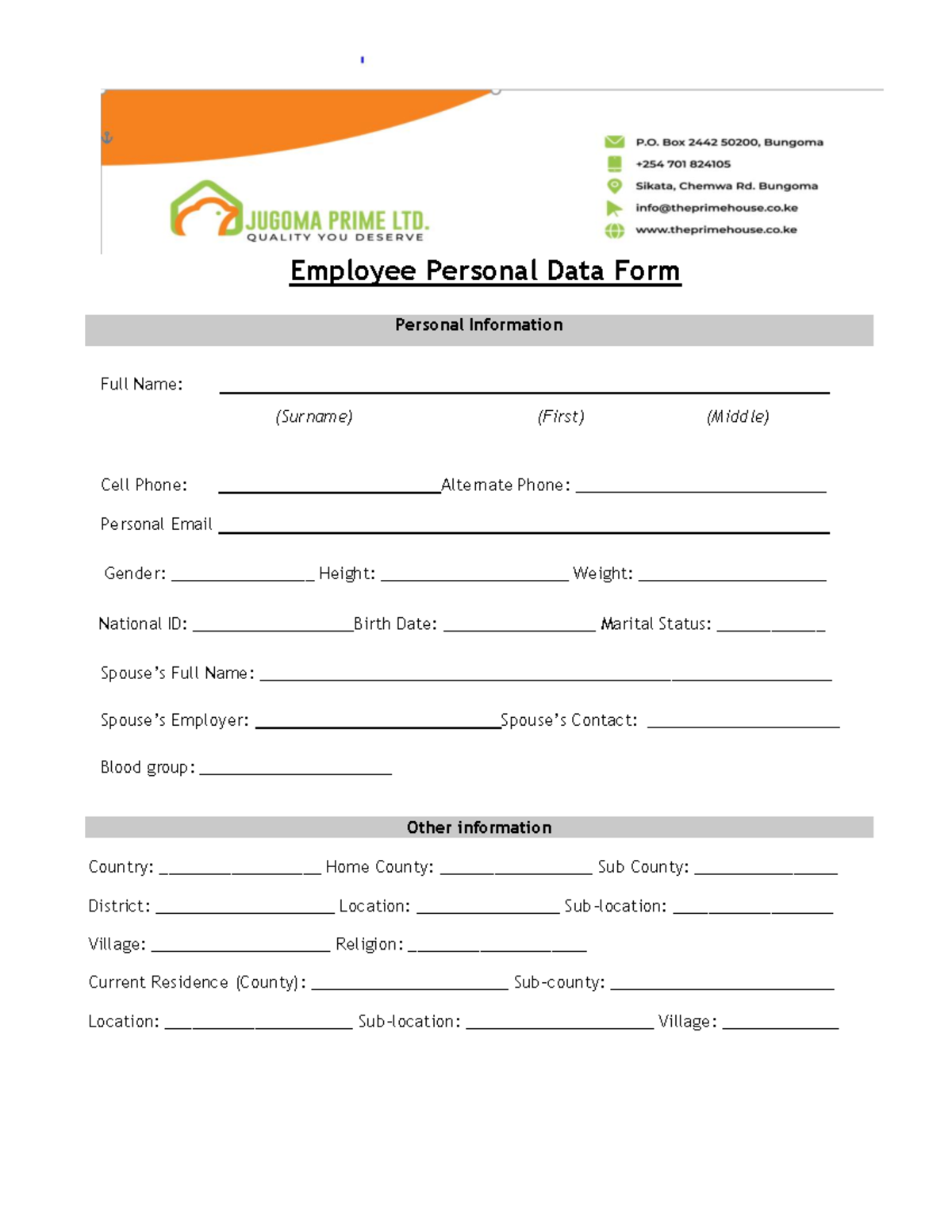 PDF form - good - Employee Personal Data Form Personal Information Full ...