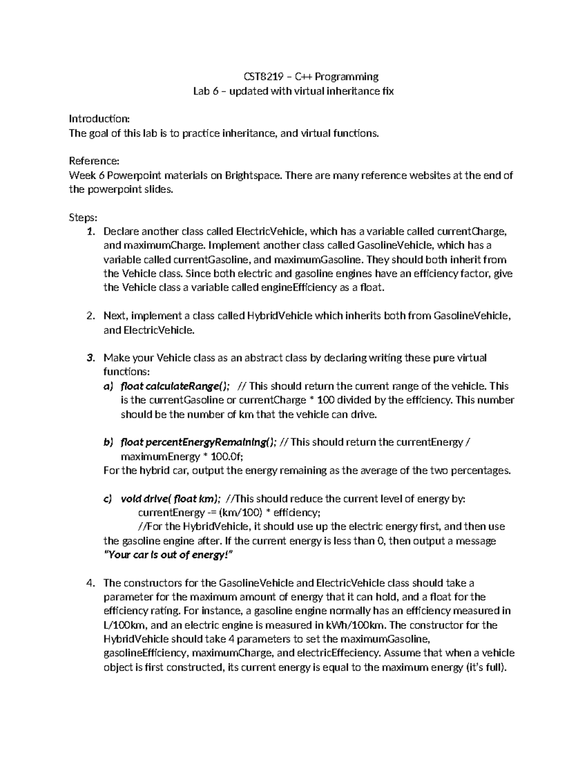 CST8219 Lab6 - notes - CST8219 – C++ Programming Lab 6 – updated with ...