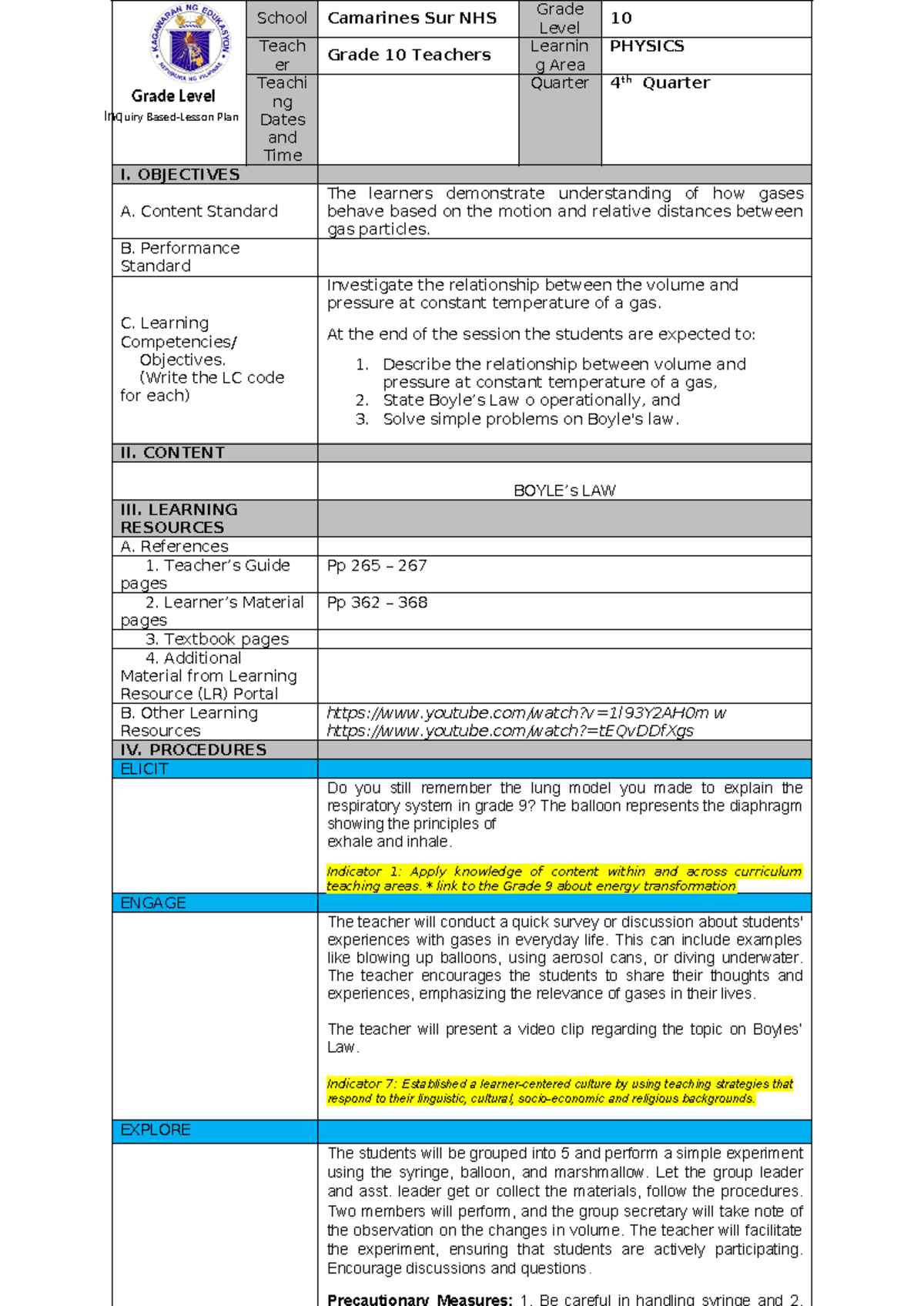 Comprehensive Lesson Plan on Boyle's Law - Grade Level Inquiry Based ...