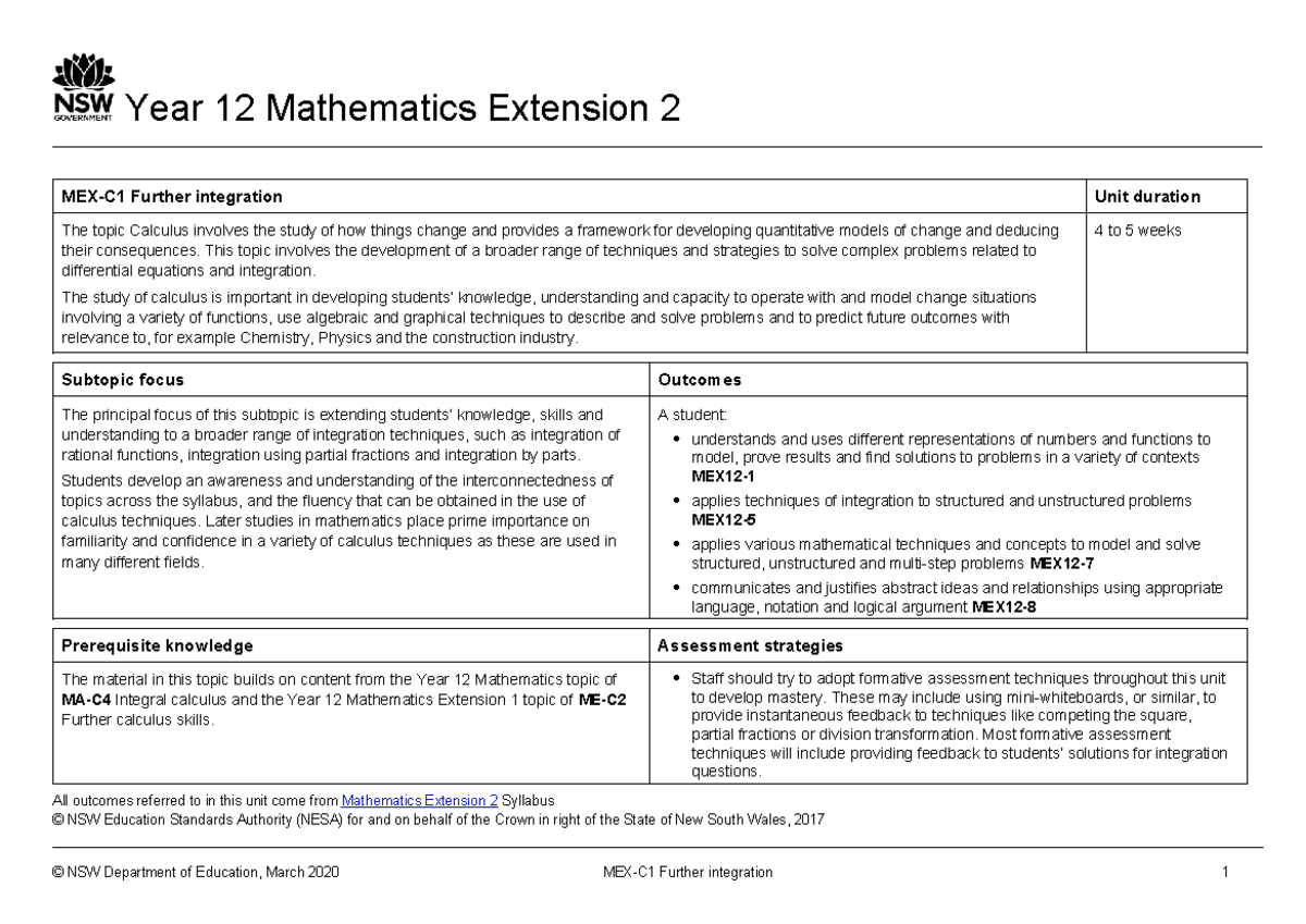 Mex c1 further integration - Year 12 Mathematics Extension 2 MEX-C1 ...