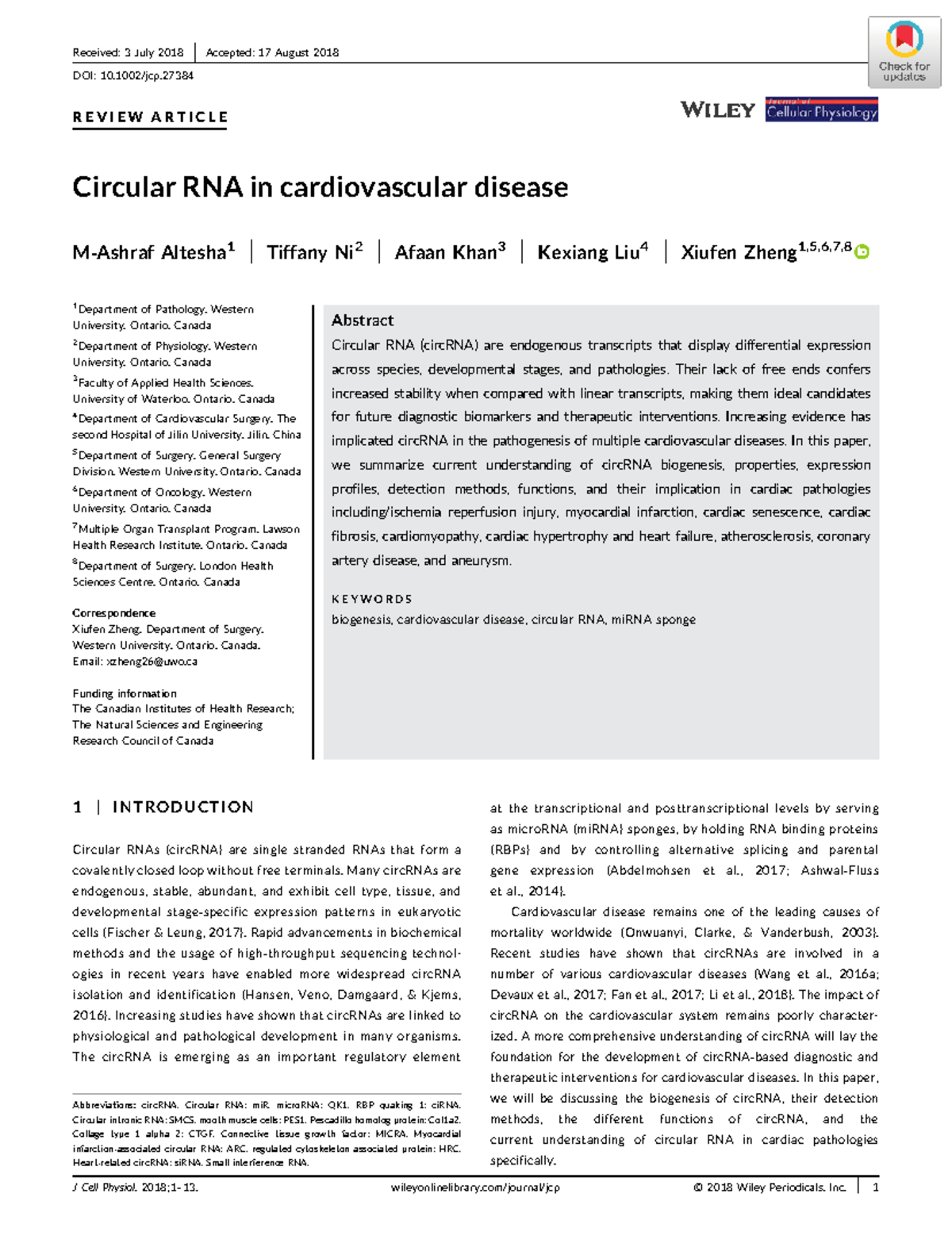 Circular RNA in cardiovascular disease - Received: 3 July 2018 ...