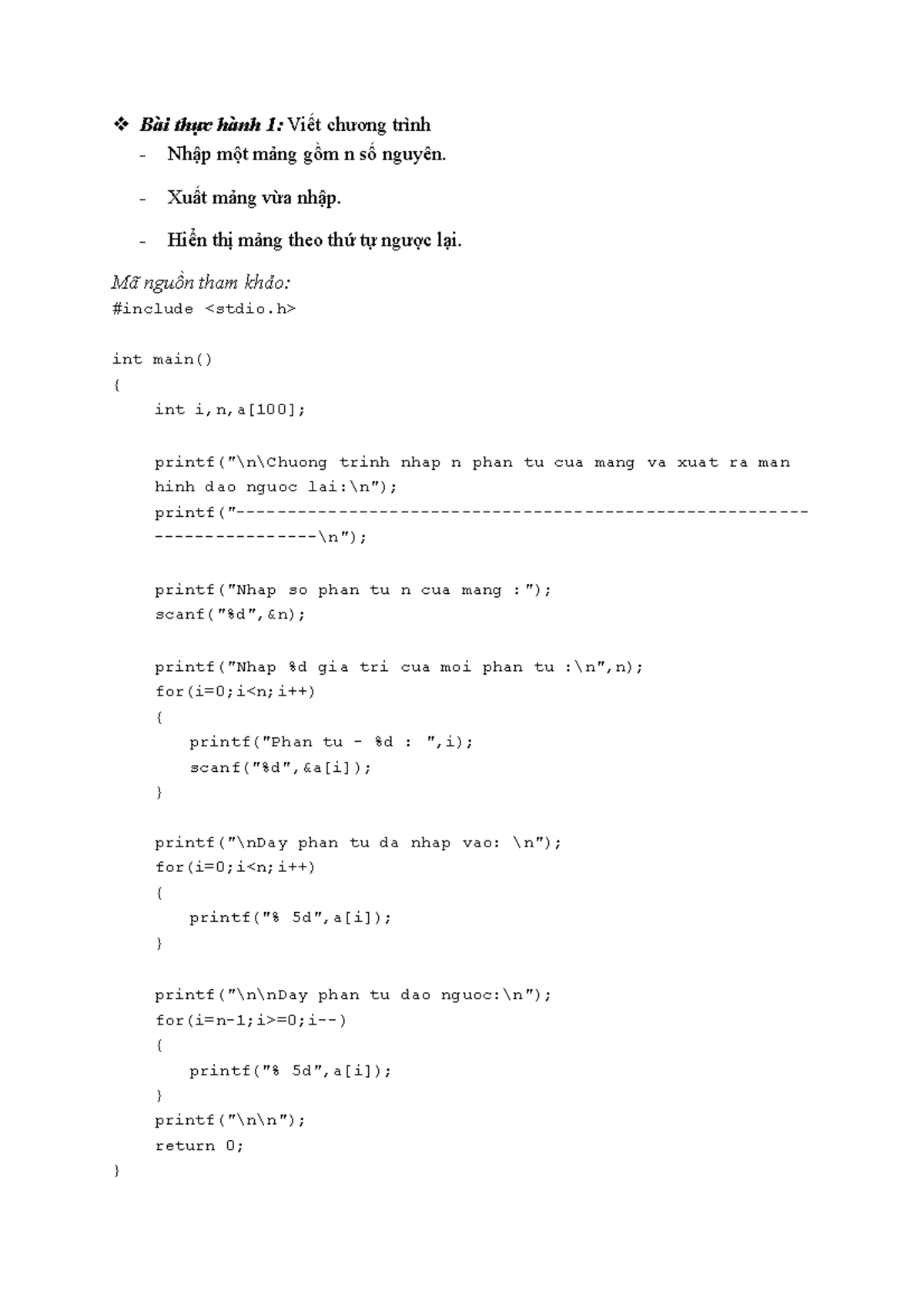 More Exercise - Array - 1 - Bài thực hành 1: Viết chương trình - Nhập ...