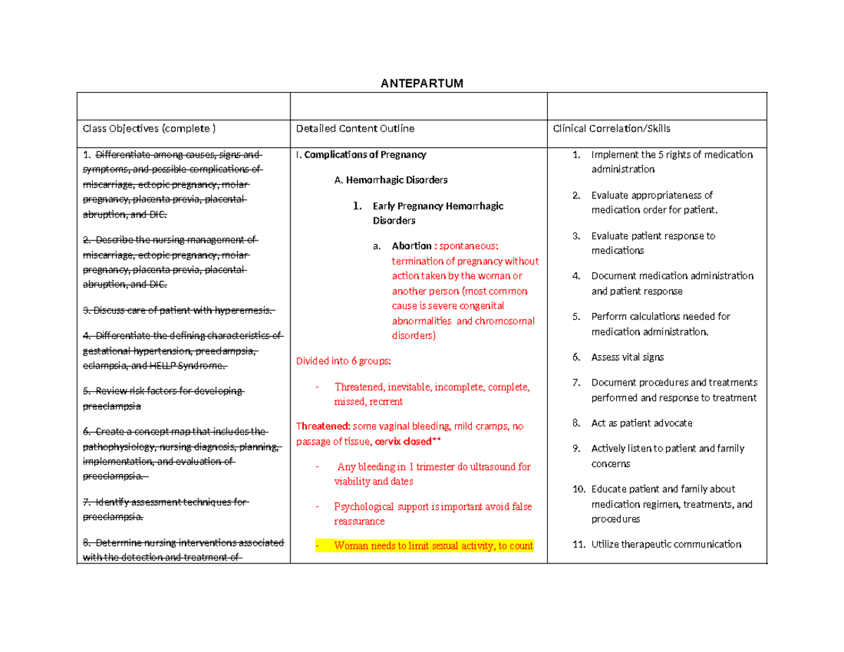 EXAM 3 OB - EXAM 3 OUTLINE - ANTEPARTUM Class Objectives (complete ...