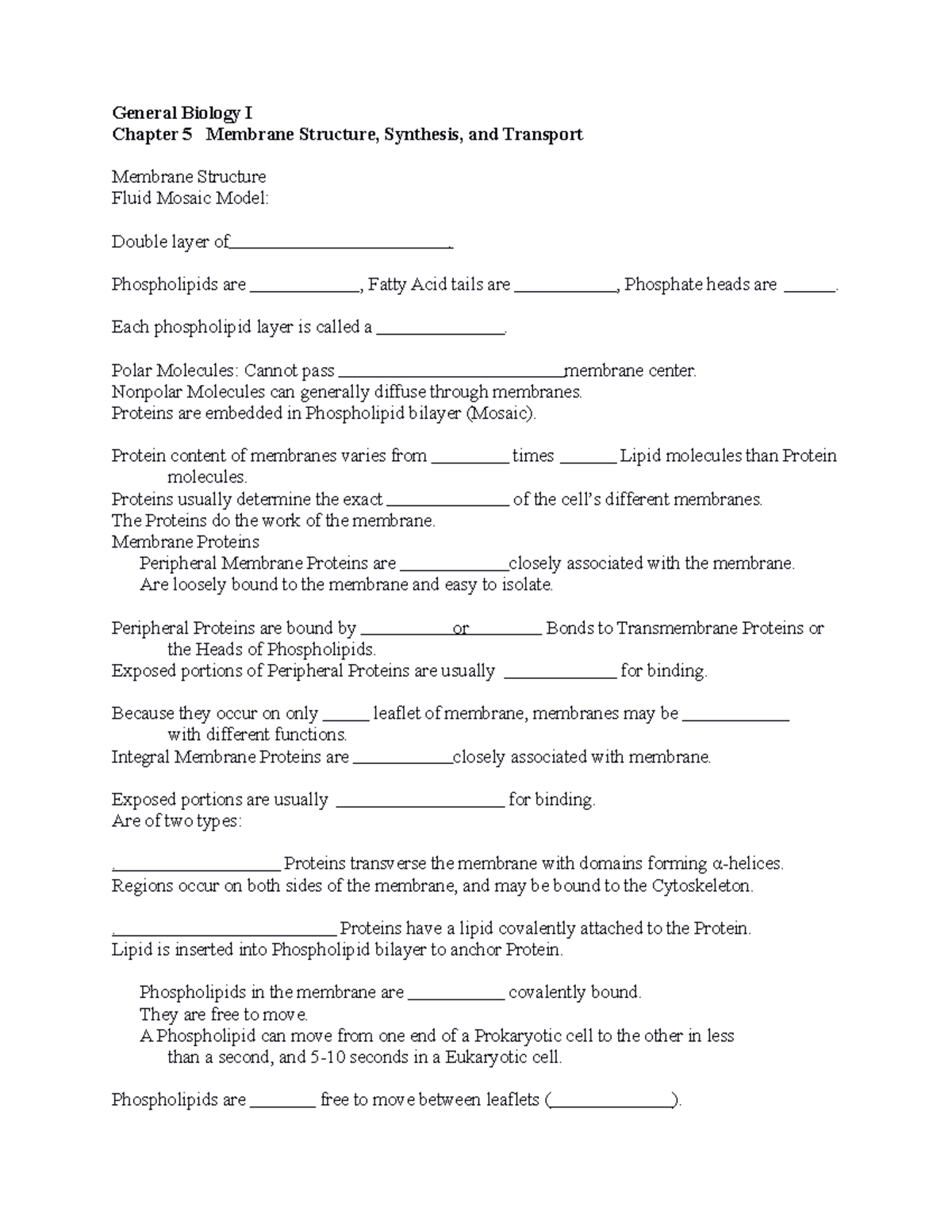 Chapter 5 Notes - General Biology I Chapter 5 Membrane Structure ...