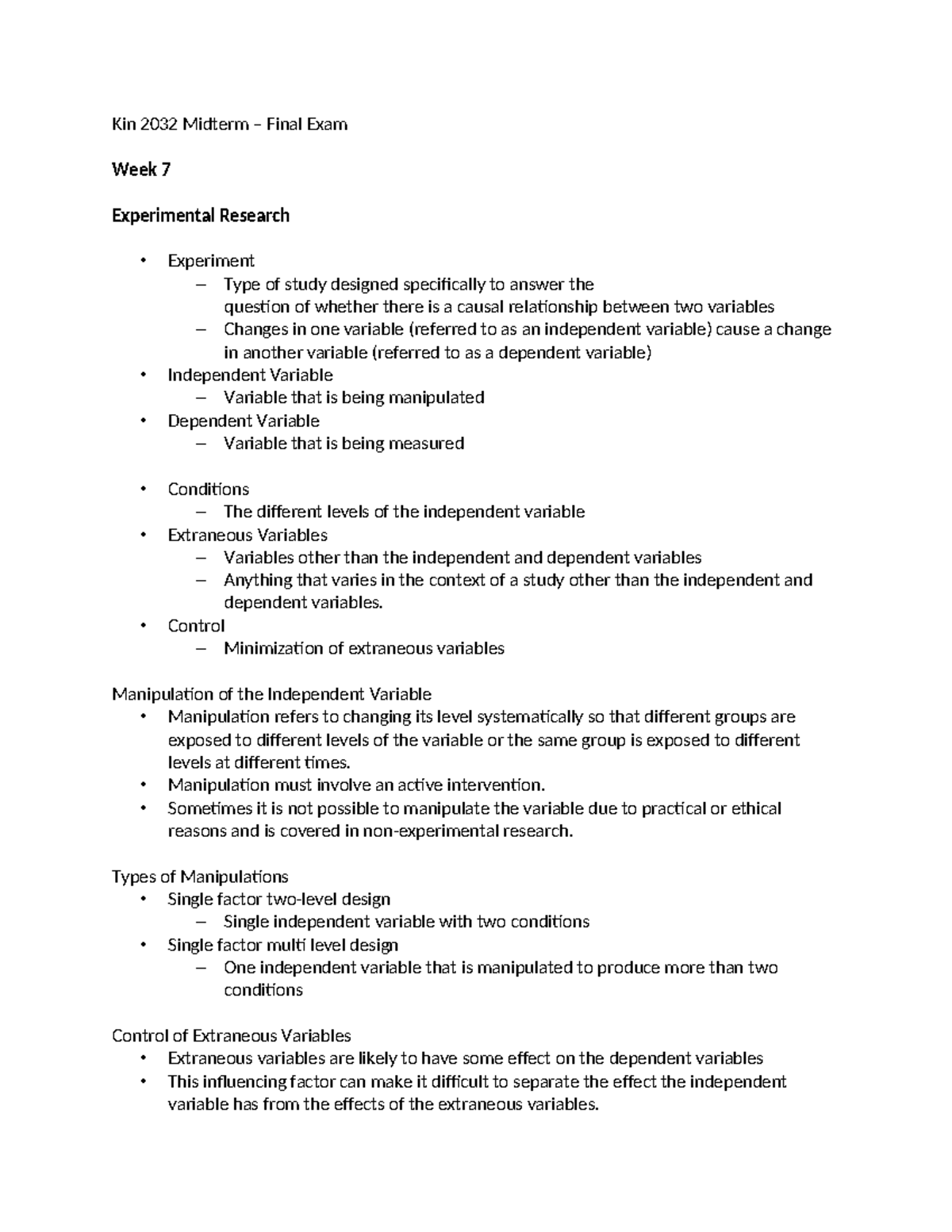 Kin 2032 Final - Kin 2032 Midterm – Final Exam Week 7 Experimental ...