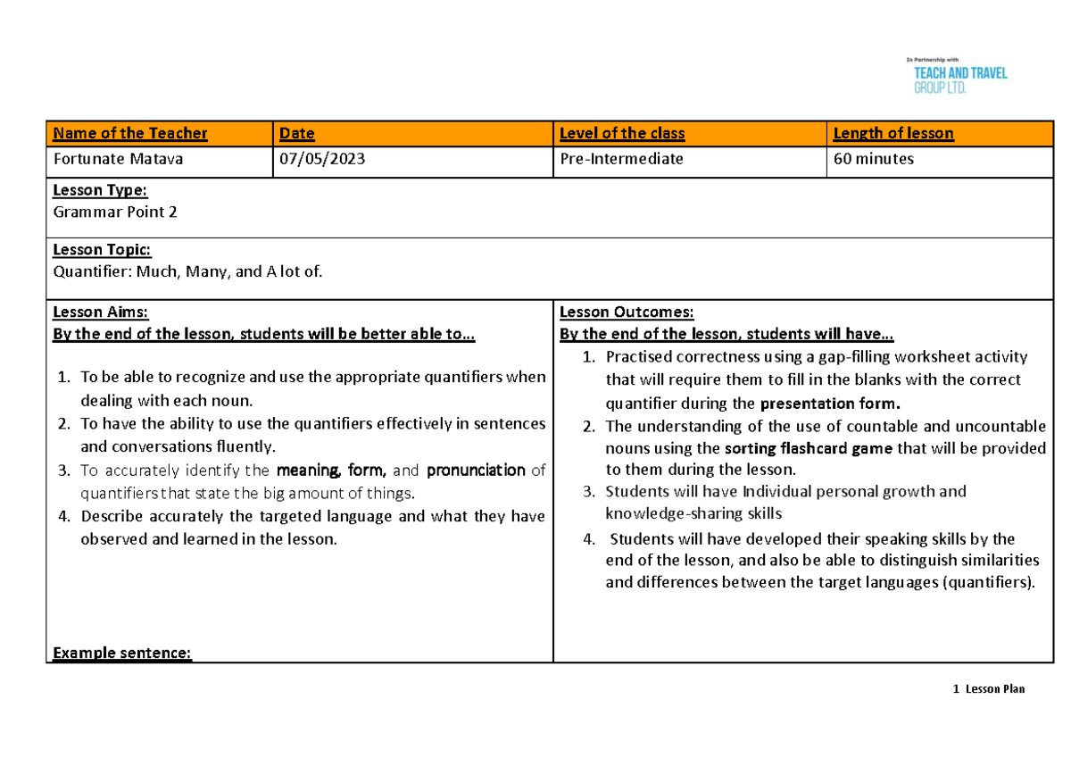 Quantifier Assignment - Name of the Teacher Date Level of the class ...