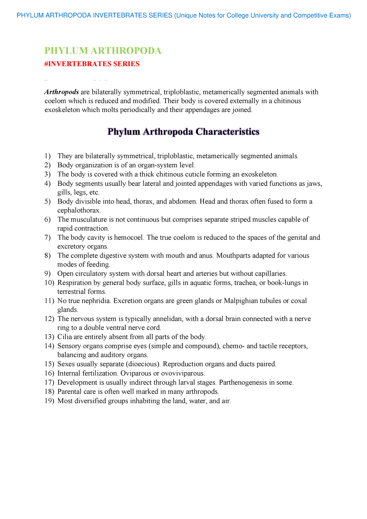 Phylum Arthropoda Invertebrates Series Unique Notes for College University  and Competitive Exams - Studocu