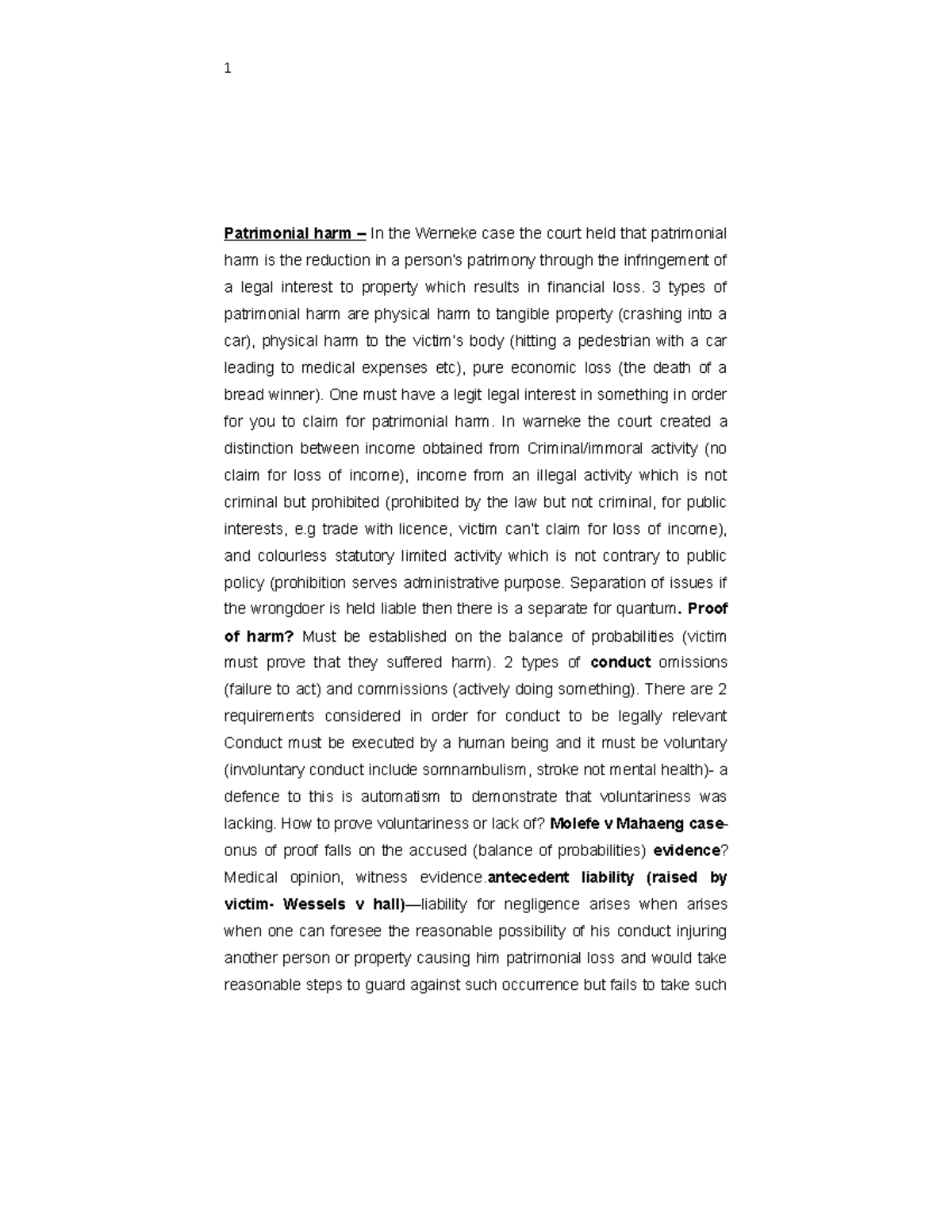 Delict notes for exam - Patrimonial harm – In the Werneke case the ...