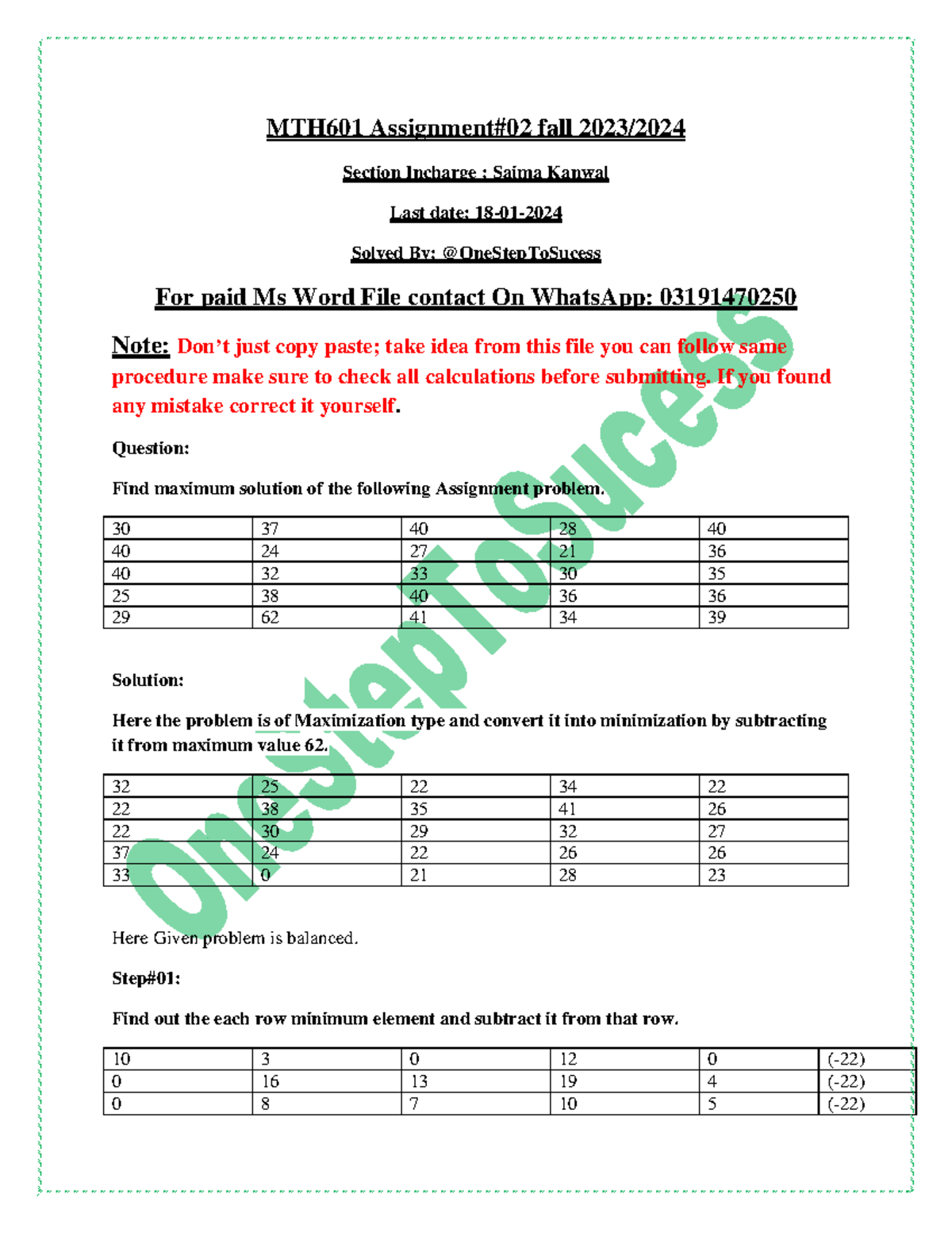 MTH601#02(Saima Kanwal)Solved By One Step To Sucess - MTH601 Assignment ...