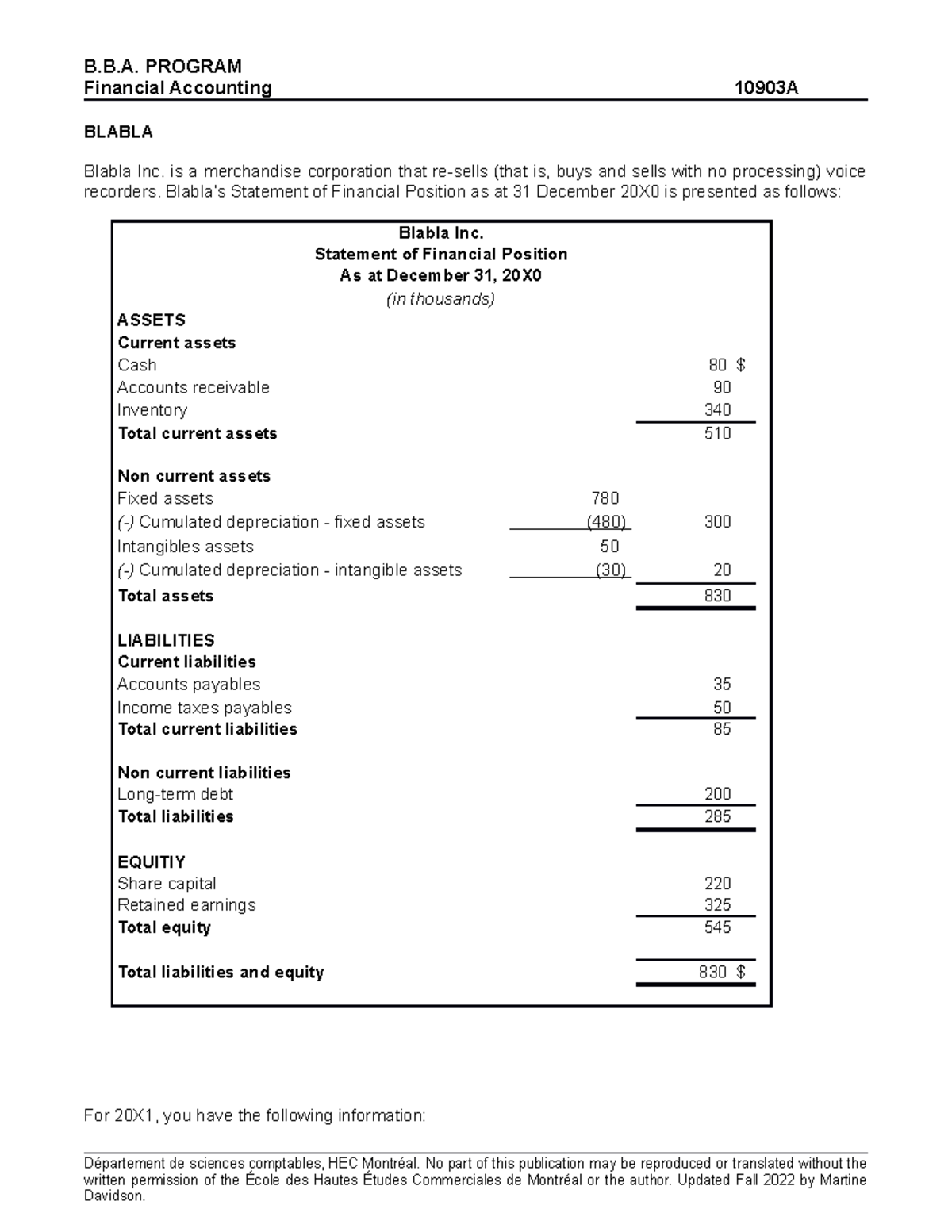 10903 A Blabla Exercise - B.B. PROGRAM Financial Accounting 10903A ...