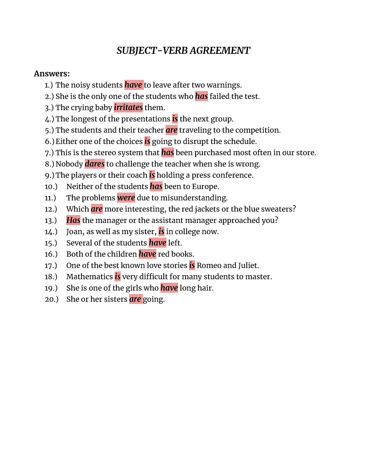 Subject Verb Agreement Answer Key