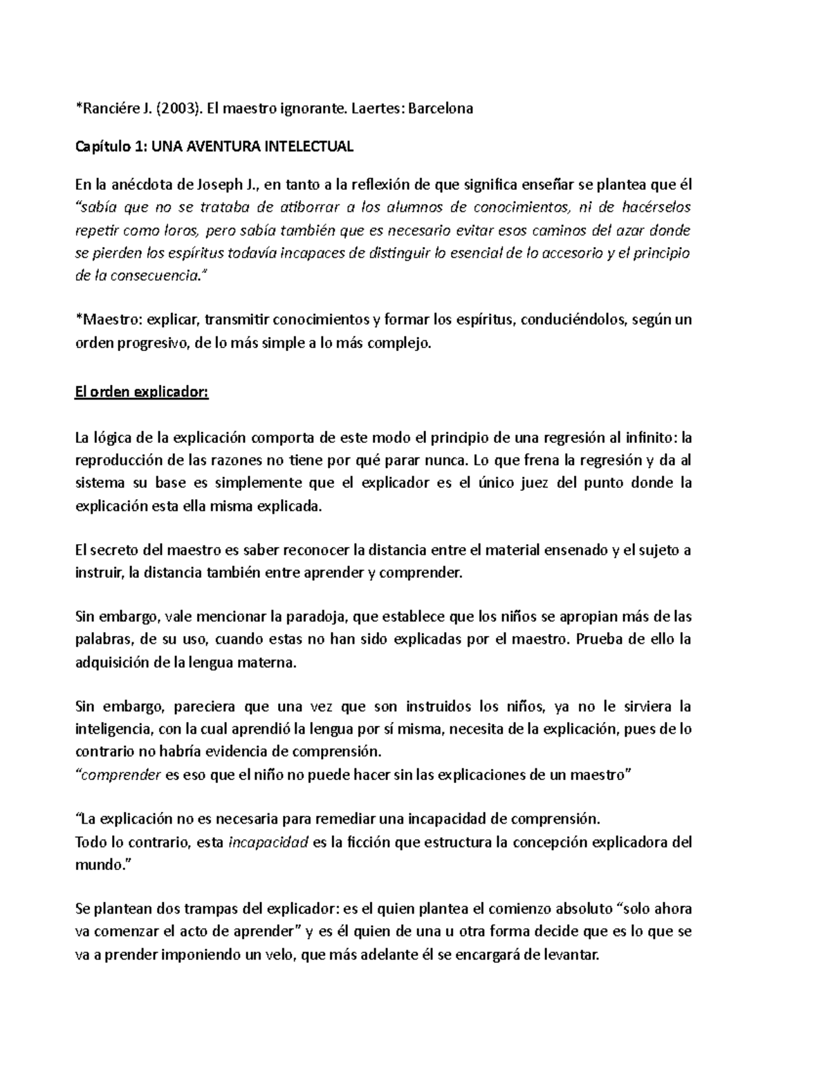 Resumen El Maestro Ignorante De Jacques Ranciere Filosofia Uba Studocu