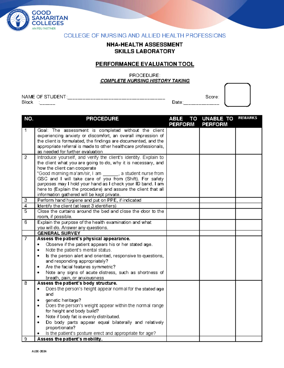 Complete Nursing Health History Checklist NHAHEALTH ASSESSMENT